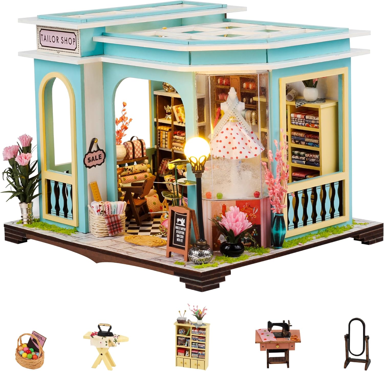 Flever Dollhouse Miniature DIY House Kit Creative Room with Furniture for Romantic Valentine's Gift (Tailor Shop)