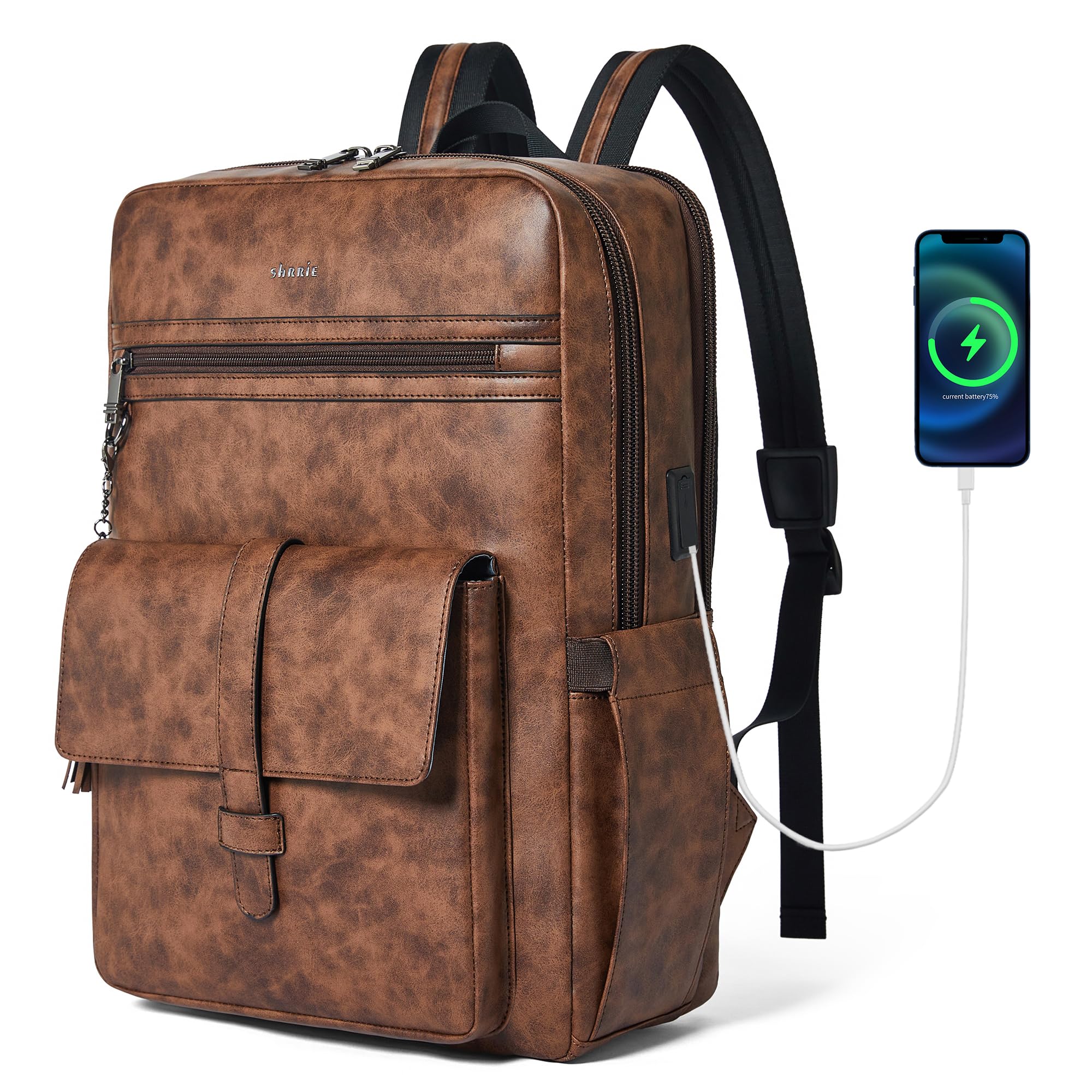 Shrrie Mochila de piel vegana para portátil de 16 pulgadas con cargador USB, ligera e inteligente parade para hombre y mujer para negocios, trabajo, oficina y universidad, Bicolor Marrón