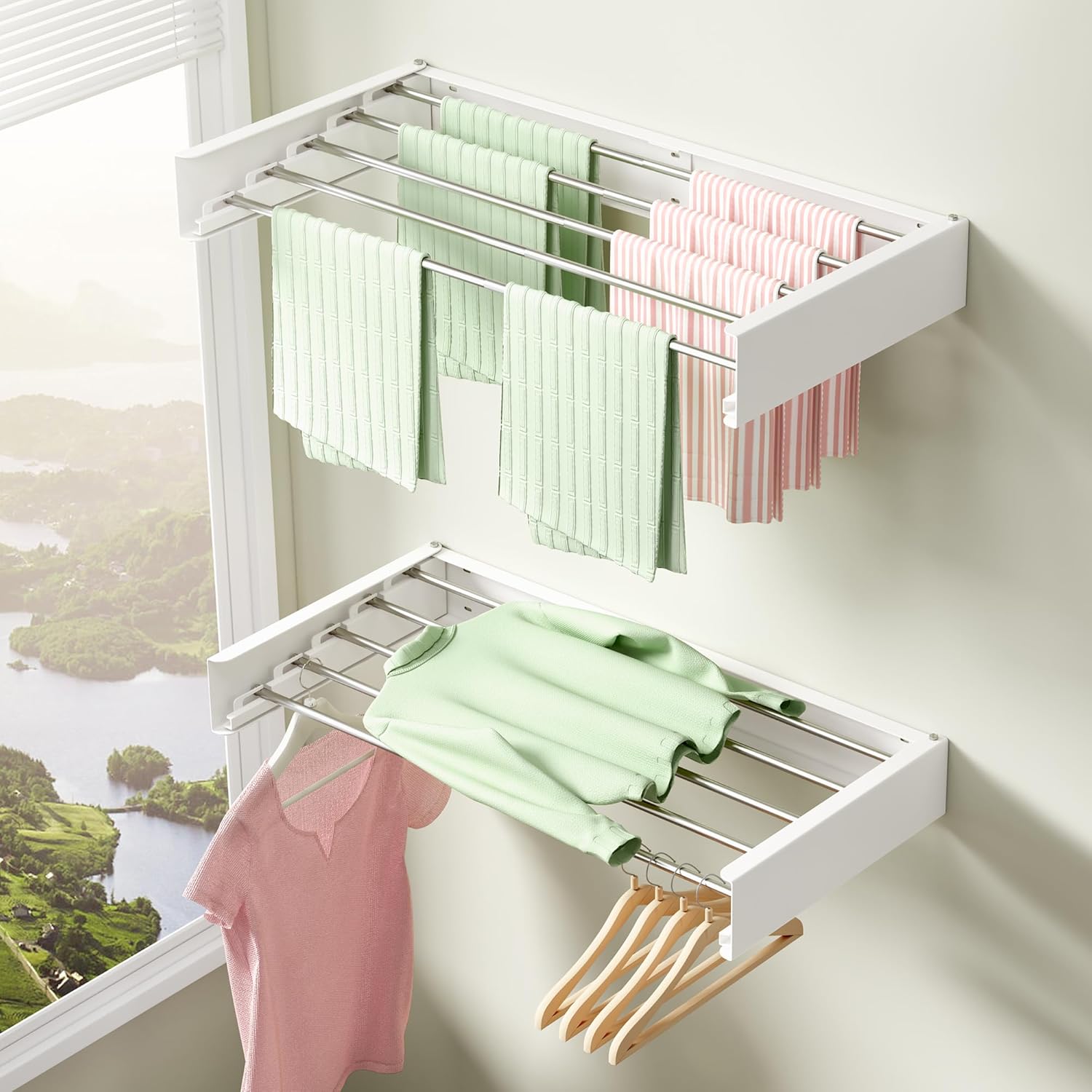 clothes drying rack wall mounted 32“,drying rack clothing wall mount,laundry drying rack,wall mounted clothes hanging rack (white) 32 inch-upgrade white