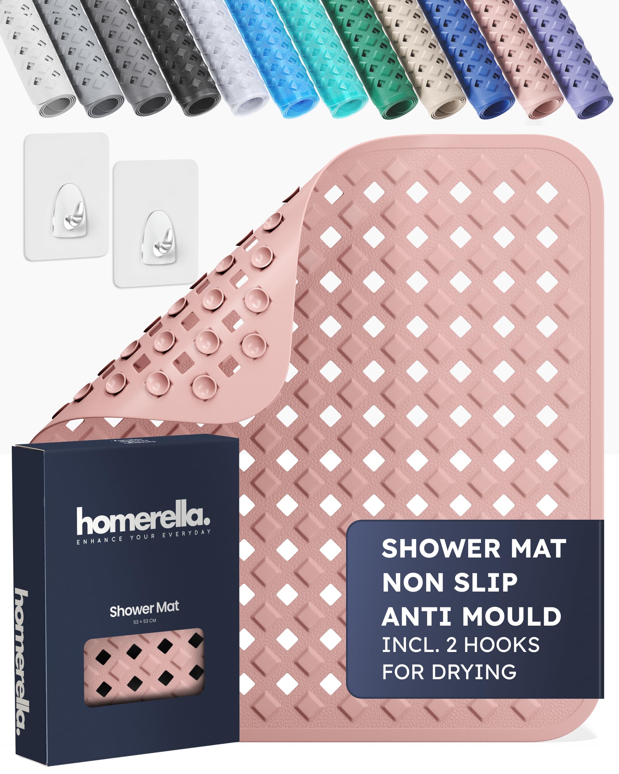 Homerella Girls Rose Homerella® Shower Mat Non Slip Anti Mould 53 X 53 Cm, Incl. Hooks For Drying, Bath Mat Non Slip Anti Mould, Shower Mats For Inside Shower, Bpa-Free And Machine Washable For Children And Elderly