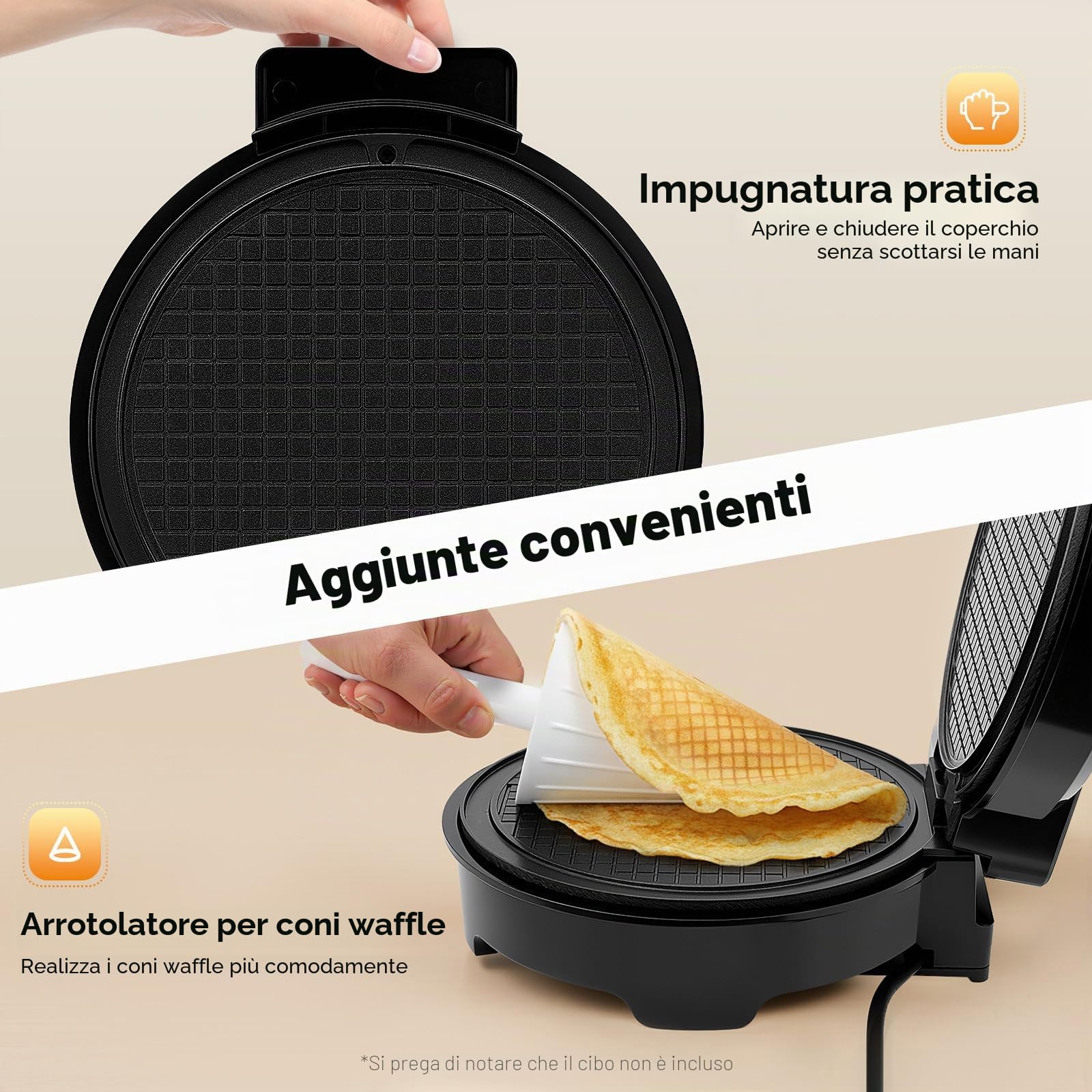 Piastra per waffle sottile per gelato, cialda elettrico, produttore di coni, antiaderente, piastra da forno in ferro, superficie di cottura, 20 cm, con spia conica, 1000 W