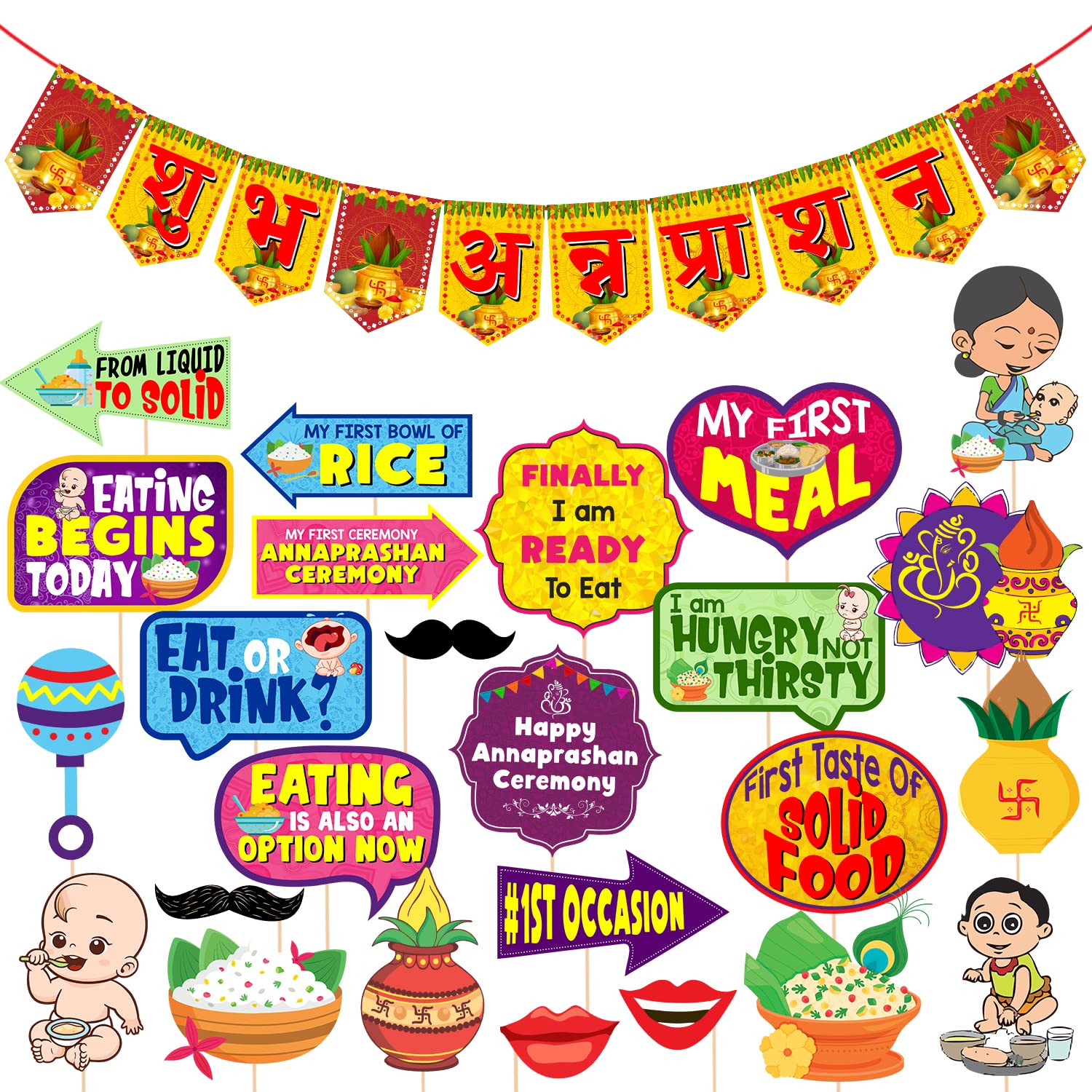 Zyozique 25 Pcs Annaprasanam Photo Booth Props with Annaprasanam Paper Bunting Paper Banner Hindi Font Shubh Annaprashan/Annaprashan Decoration Items (Pack of 26)