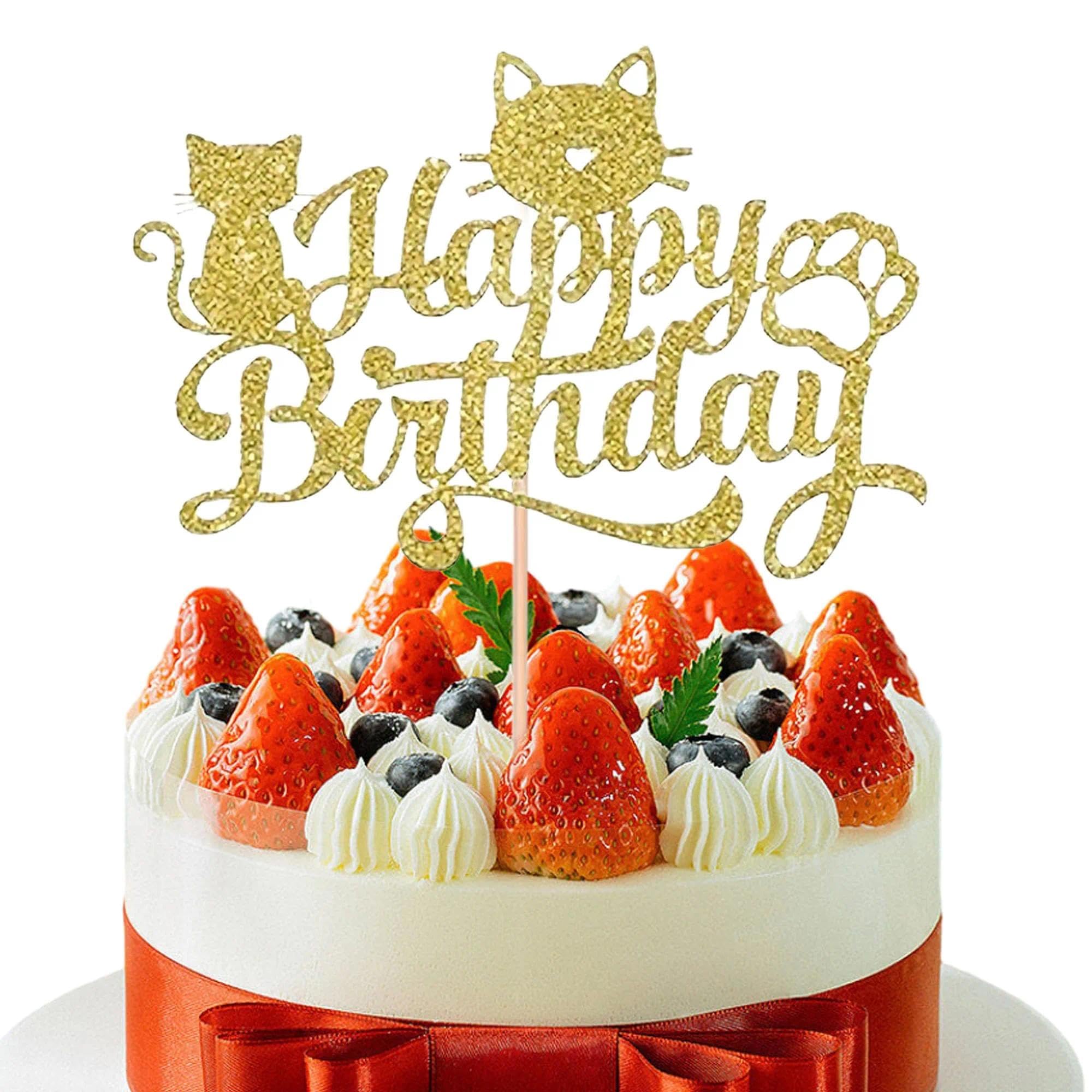Sweet Cat Happy Birthday Cake Topper - Gold Glitter Paper Cat Theme Cake Decoration for Baby Shower Kids Decor, Picks for Pet Decoration