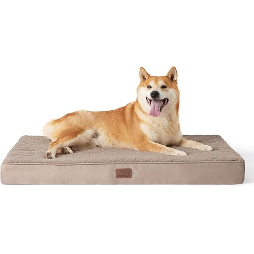 Bedsure Large Dog Bed for Large Dogs - Big Orthopedic Waterproof Dog Beds with Removable Washable Cover, Egg Crate Foam Pet Bed Mat, Suitable for Dogs Up to 75 lbs, Light Brown