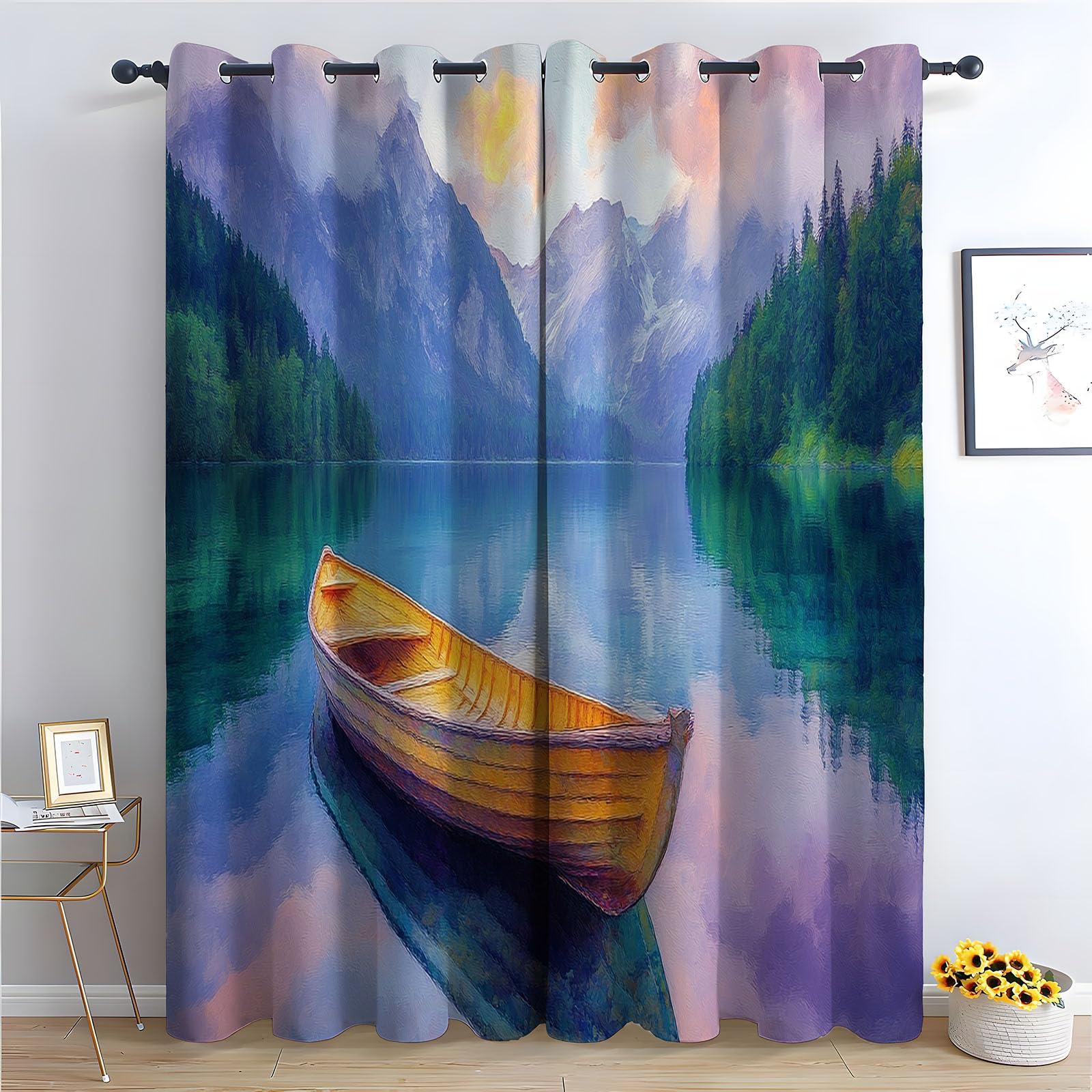 WIKEO Forest Curtains Eyelet Window Beach Scenery pattern Thermal Insulated 80% Blackout Curtain Print Pattern Room Darkening Window Drapes for Bedroom Living Room-52"W x 96"L (Pack of 2)