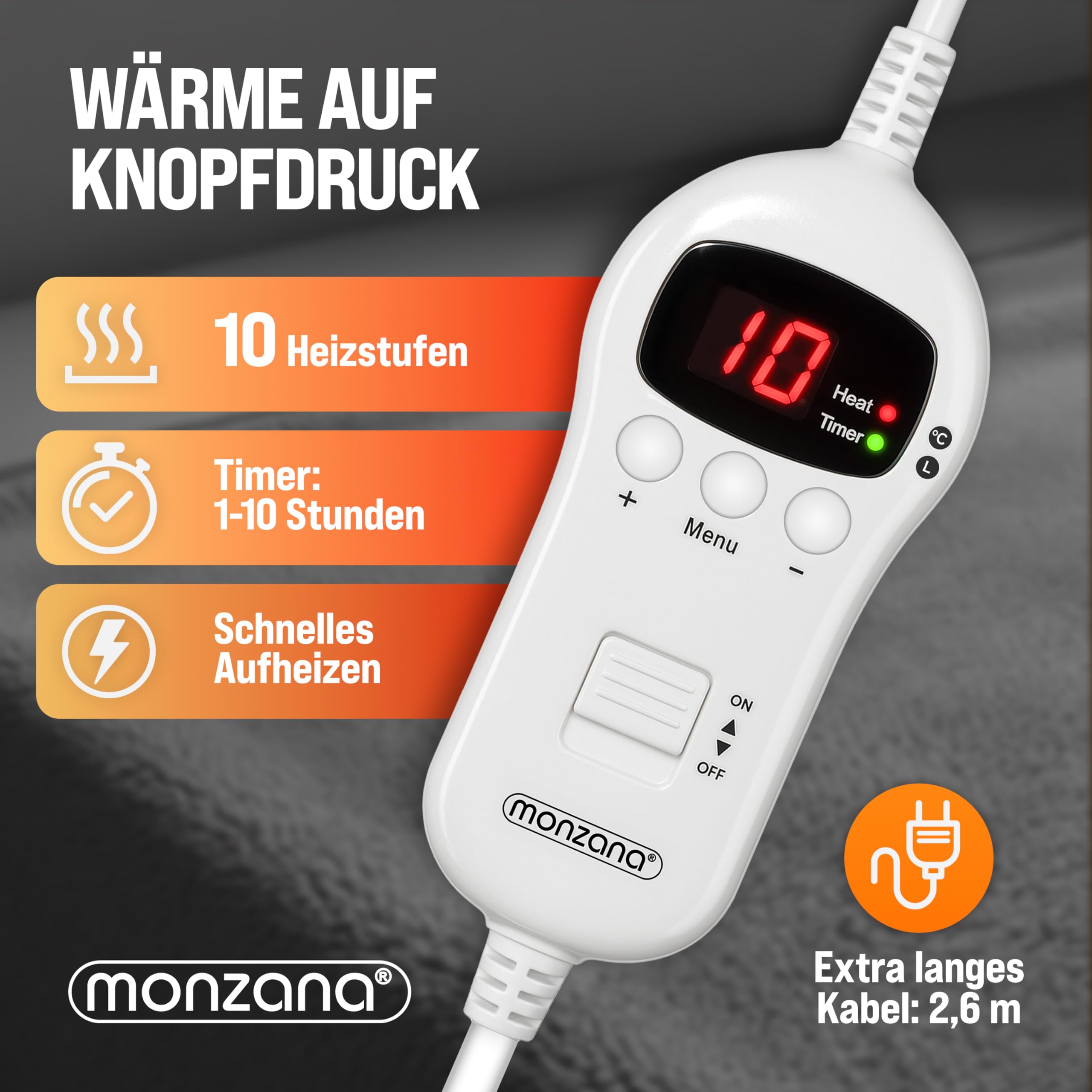 Monzana® Elektrische Heizdecke 180x130cm 120W 10 Heizstufen 10h Timer Abschaltautomatik Überhitzungsschutz waschbar Teddy Fleece Wärmedecke für Bett