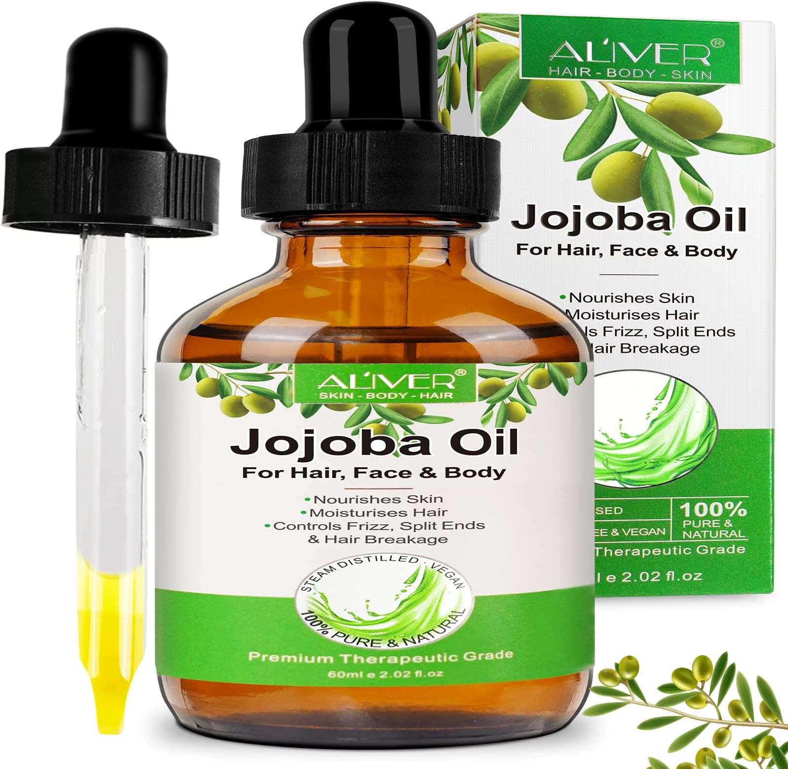 Jojoba Oil,100% Pure Organic Cold Pressed Moisturizing Multi-Purpose Unrefined Hexane Free Jojoba Oil for Hair,Face,Skin & Nails,Nourish the Scalp,Stretch Marks(60 ML)(2.02 Fl Oz)