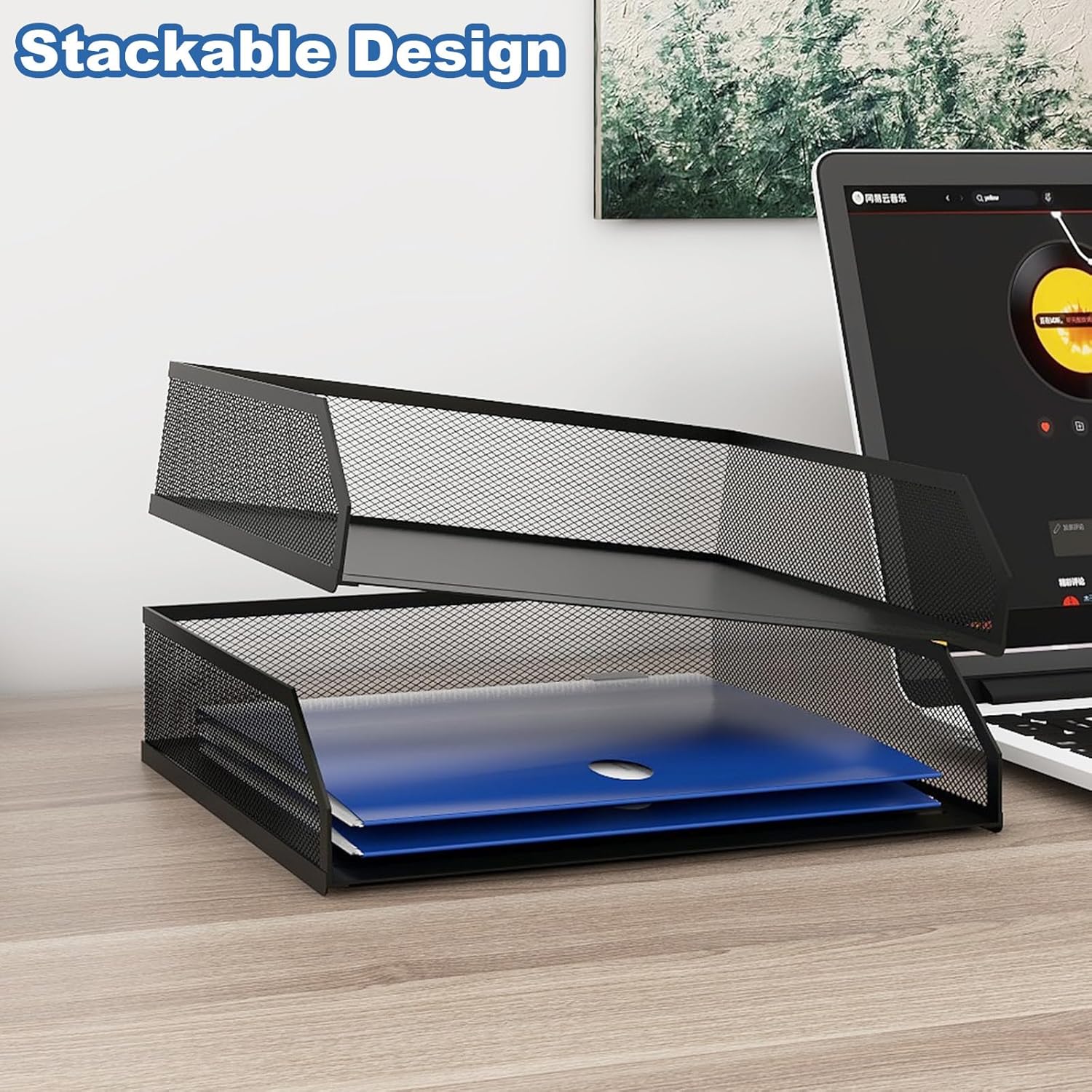 Natwind 2-Tier Stackable Paper Tray, Metal Mesh Desktop Organizer, A4 Paper Sorter, Letter Trays,File Folder Sorter Organizer with Sliding Tray for Home, Office, School (Black)