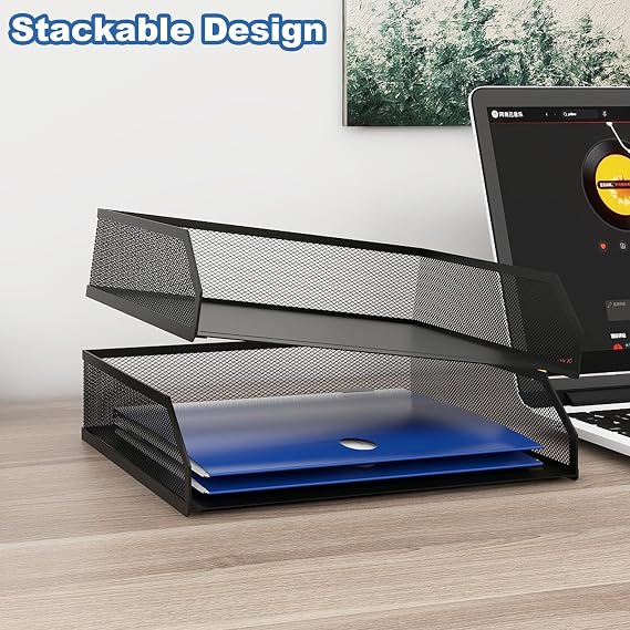 Natwind 2-Tier Stackable Metal Mesh Paper Organizer with Sliding Tray,Black