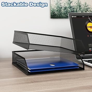 Natwind 2-Tier Stackable Metal Mesh Paper Organizer with Sliding Tray,Black