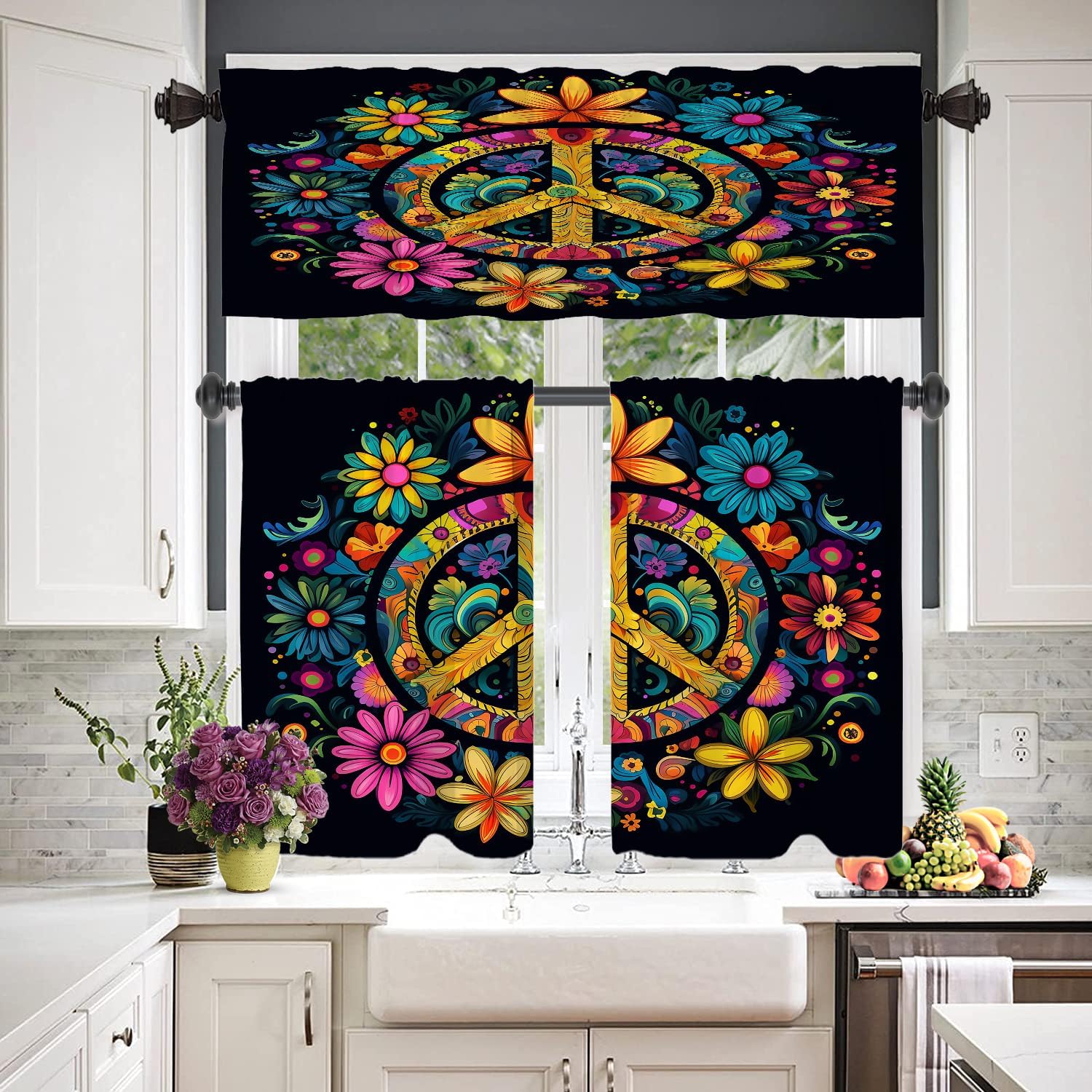 Peace Symbol Floral Design Kitchen Tier Curtains for Windows, Colorful Peace Artwork Blackout Valances Multilayer Polyester Window Treatments for Kitchen 2 Pack 36X26 Inches