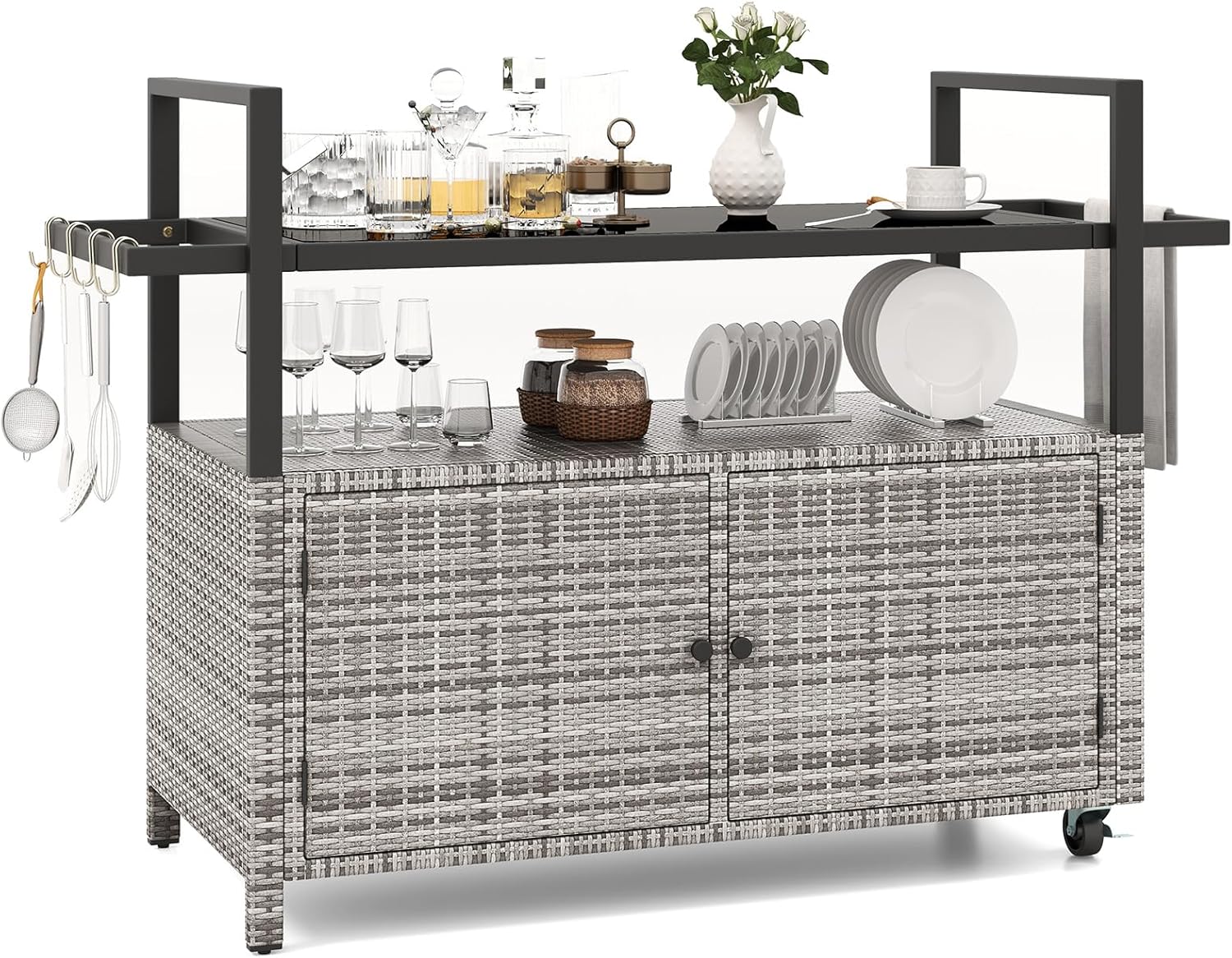Tangkula Outdoor Bar Cart, Patiojoy Rolling Wicker Buffet Serving Cart with Tempered Glass Top, Storage Cabinet & 8 Hooks, Kitchen Island Cart on Wheels for Porch Backyard Garden Poolside (Mix Grey)