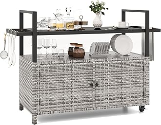 Outdoor Bar Cart, Patiojoy Rolling Wicker Buffet Serving Cart with Tempered Glass Top, Storage Cabinet & 8 Hooks, Kitchen Island Cart on Wheels for Porch Backyard Garden Poolside (Mix Grey)