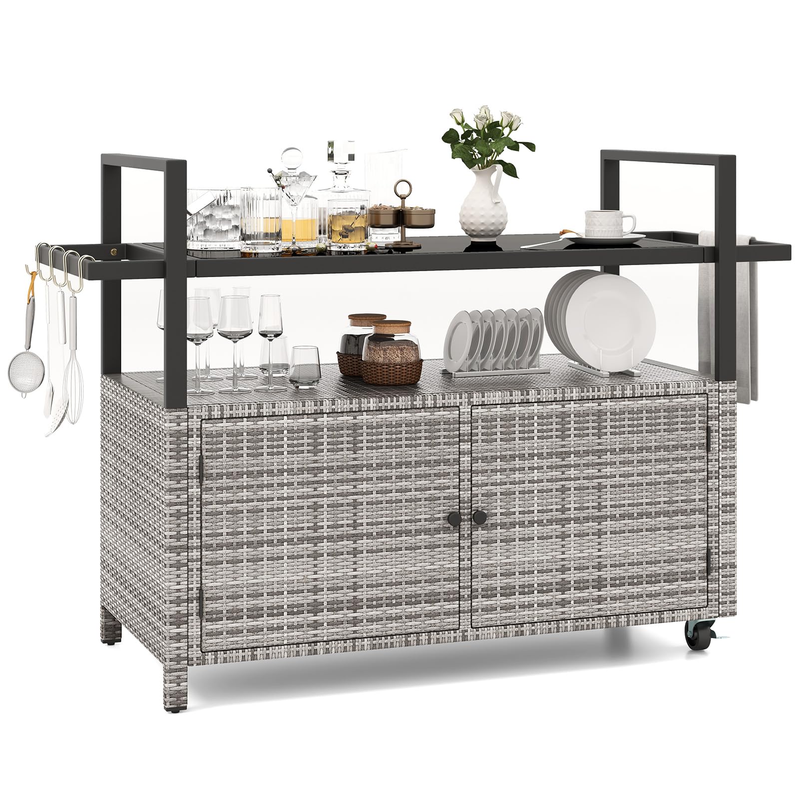 Tangkula Outdoor Bar Cart, Patiojoy Rolling Wicker Buffet Serving Cart with Tempered Glass Top, Storage Cabinet & 8 Hooks, Kitchen Island Cart on Wheels for Porch Backyard Garden Poolside (Mix Grey)