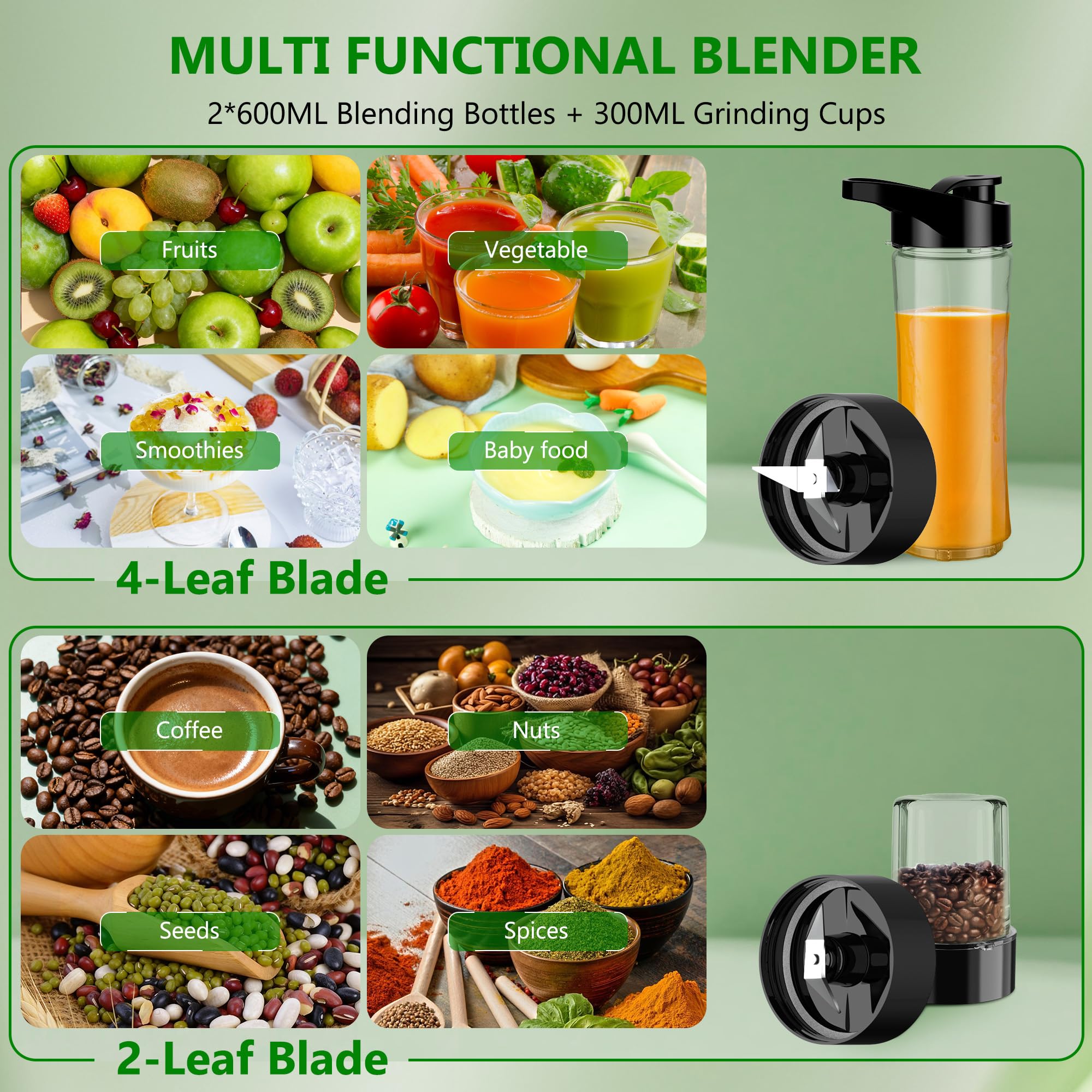 Kitcanis Mini Batidor 3 en 1, Batidora Eléctrica 800 W, 3 Velocidades Ajustables, 2 Botellas Portátiles de 600 ml y 300 ml para Helado, Frutas, Verduras, Nueces