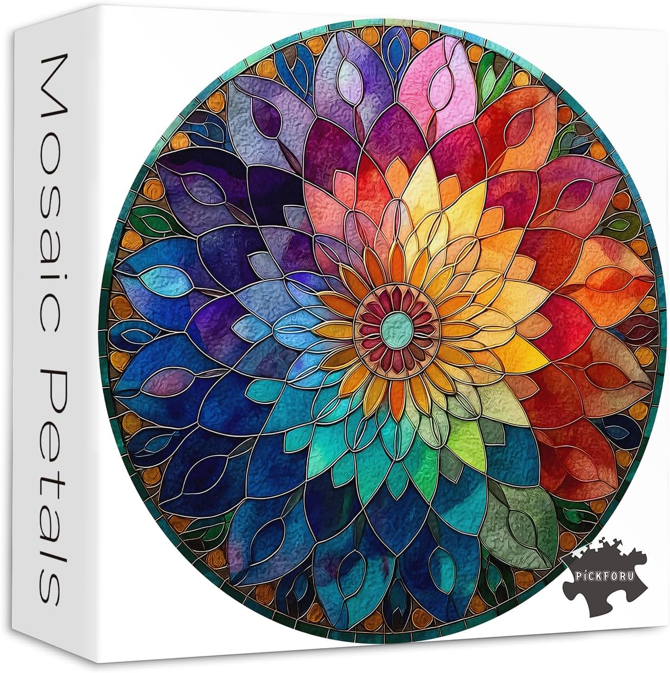 PICKFORU Gradient Mosaic Puzzles for Adults 1000 Pieces, Colorful Stained Glass Flower Puzzle, Difficult Impossible Rainbow Round Jigsaw Puzzles