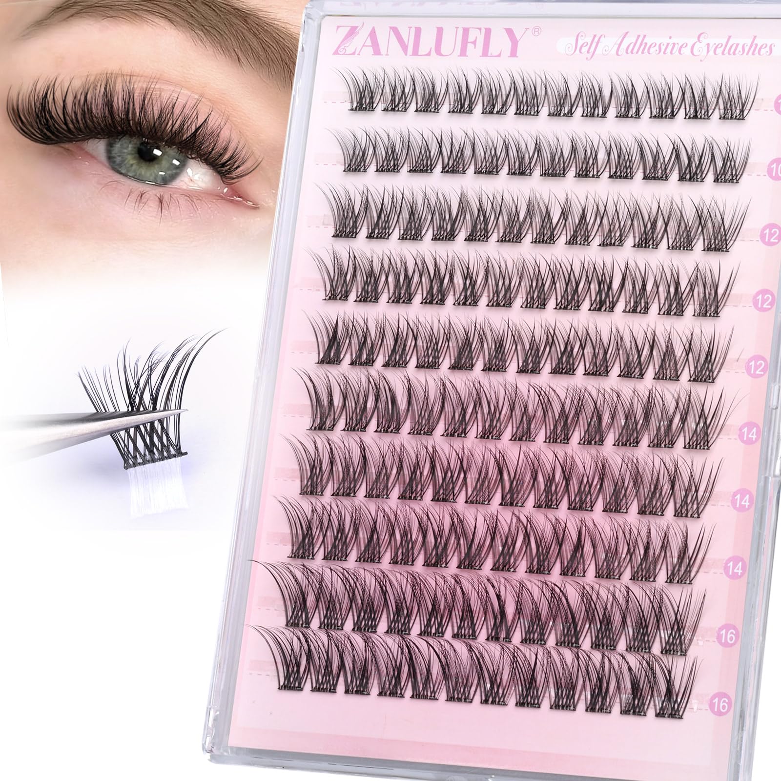 Photo 1 of Self Adhesive Eyelashes Natural Self Adhesive Lash Clusters Pre-glued Eyelashes Clusters C-Curly No Glue Lashes Wispy Cluster Lashes 10-16MM DIY Individual Lashes by zanlufly