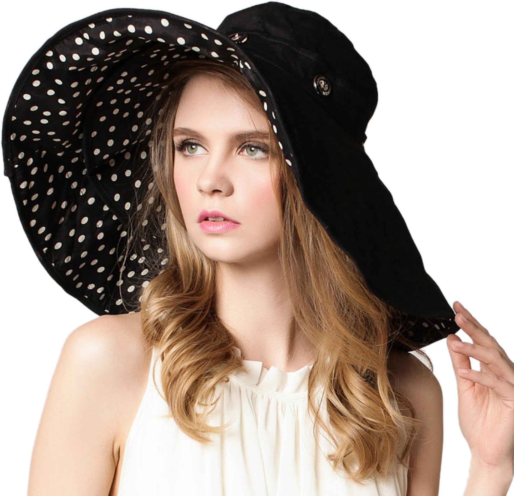 WSLCNWomens Elegant Wide-Brimmed Bowler Hat Brim Foldable Sunscreen UV Protection Beach Sun Hat Lace Flower