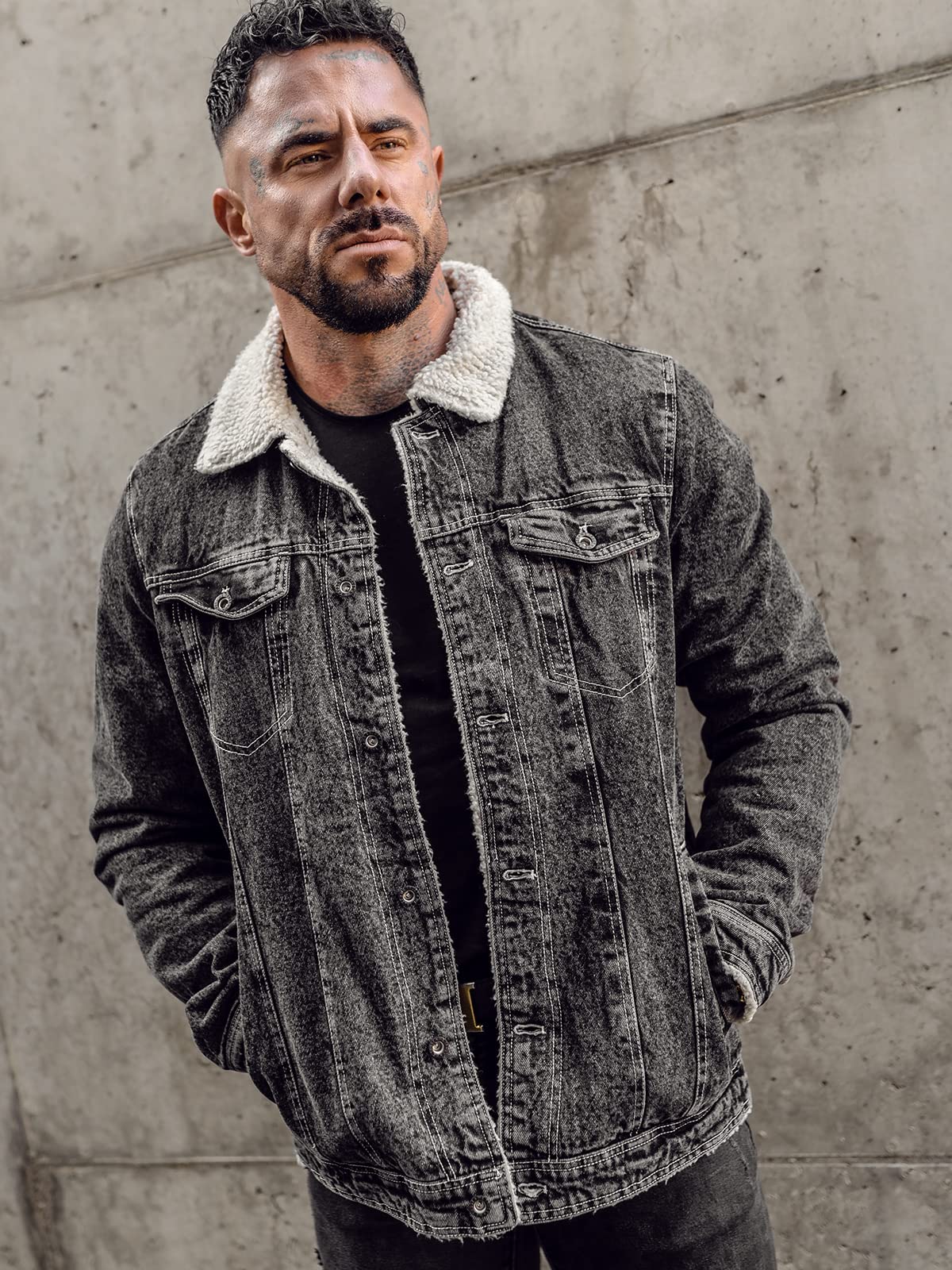 BOLF Hombre Chaqueta vaquera de entretiempo con Pelo Denim Jeans Jacket Vintage Cazadora Plumas Clásico Estilo Urbano Mix 4D4
