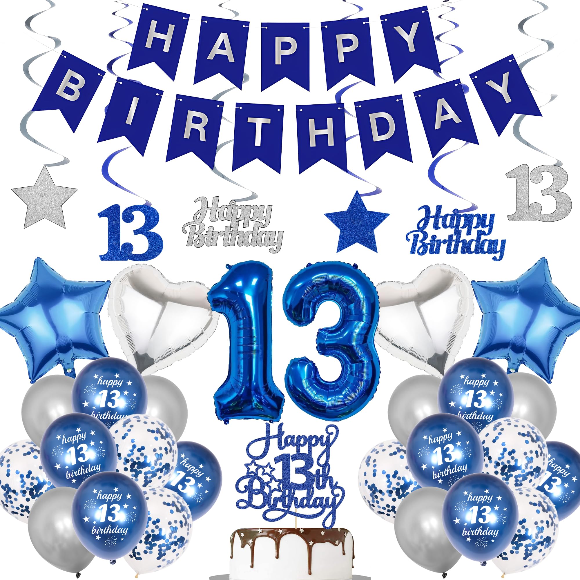 Teenager 13th Birthday Decorations Boy - 34 Pcs Blue Silver Happy Birthday Banner Hanging Swirls Number 13 Heart Star Foil Balloons Cake Topper for Boys Girls Official Teenager Party Supplies