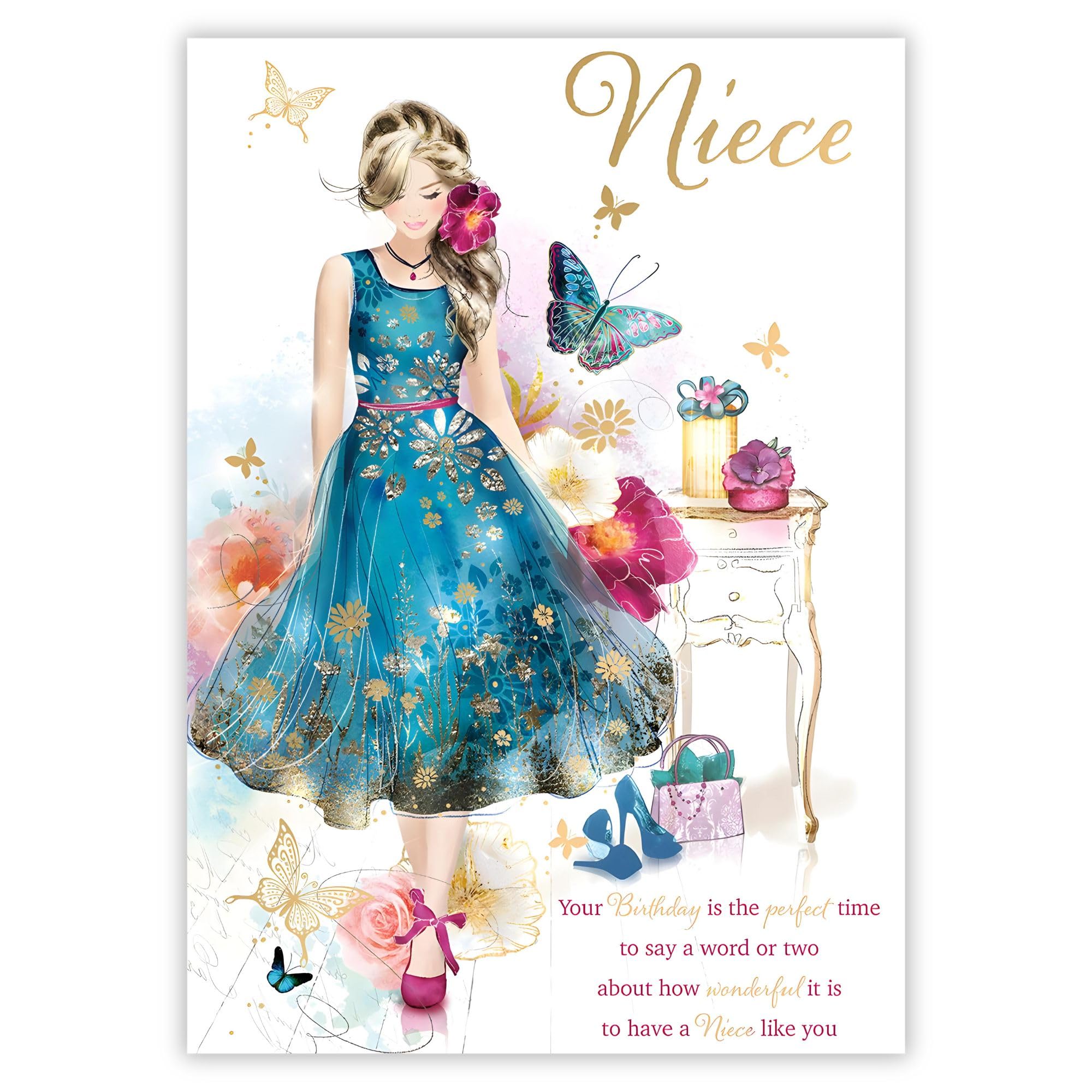 Biglietto di auguri per il 50° compleanno della figlia, 50 anni, farfalle e cuori, design floreale, finiture speciali e inserto illustrato, realizzato nel Regno Unito, ecologico