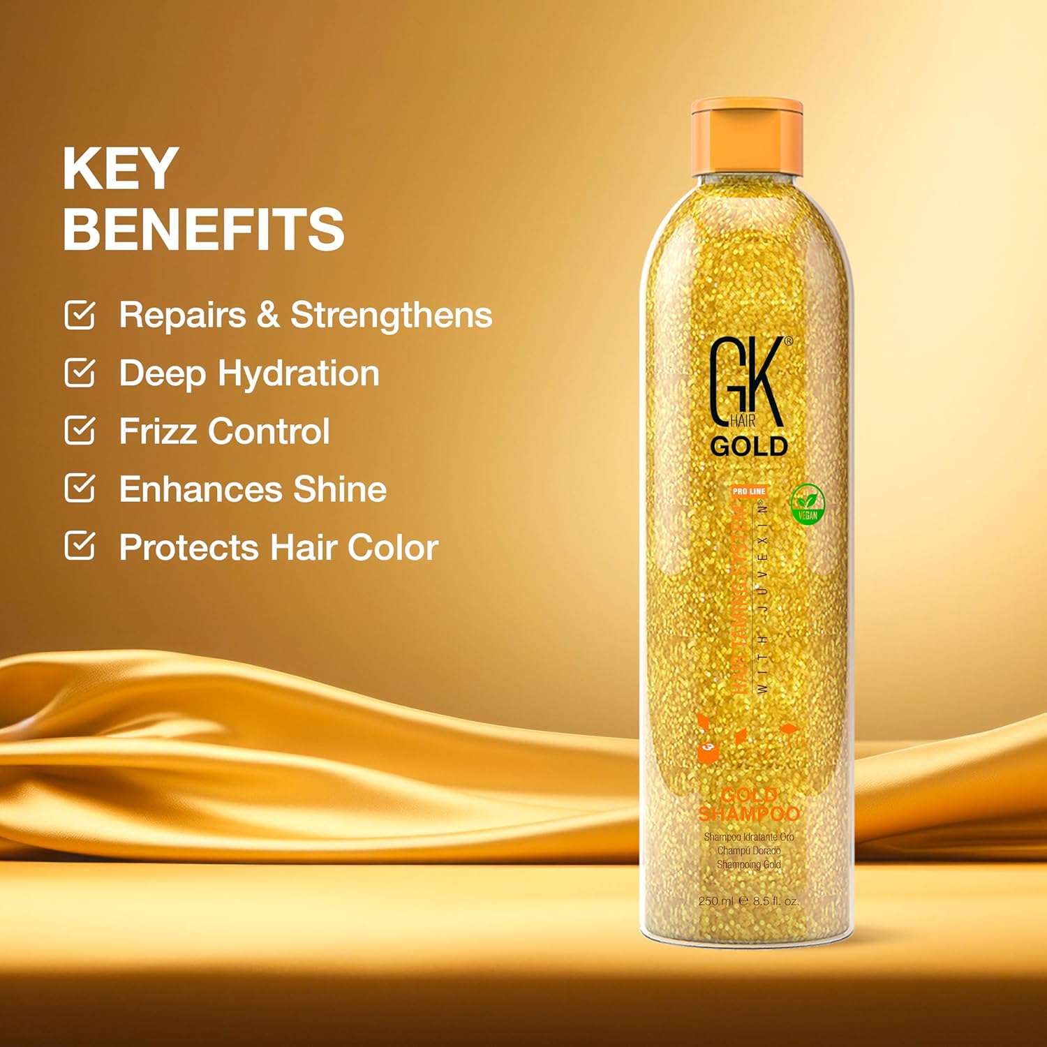 GK HAIR Gold Shampoo 8.5 Oz Hydrating Hair Cleanser with Aloe Vera and Shea Butter for Dry Damaged Hair Frizz Control Smooth Soft Shine Wild Orchid Fragrance