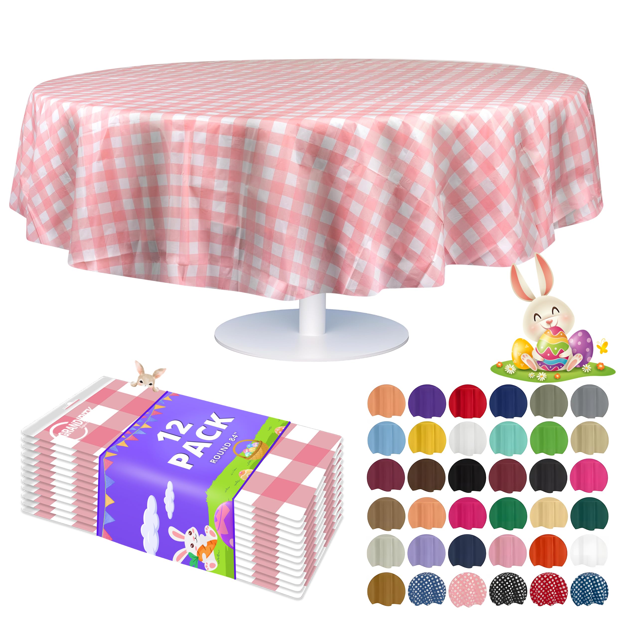 Grandipity 12 Pack Premium Disposable Plastic Tablecloth 84" Inch Decorative Round Table Cover - Pink Checkered Gingham