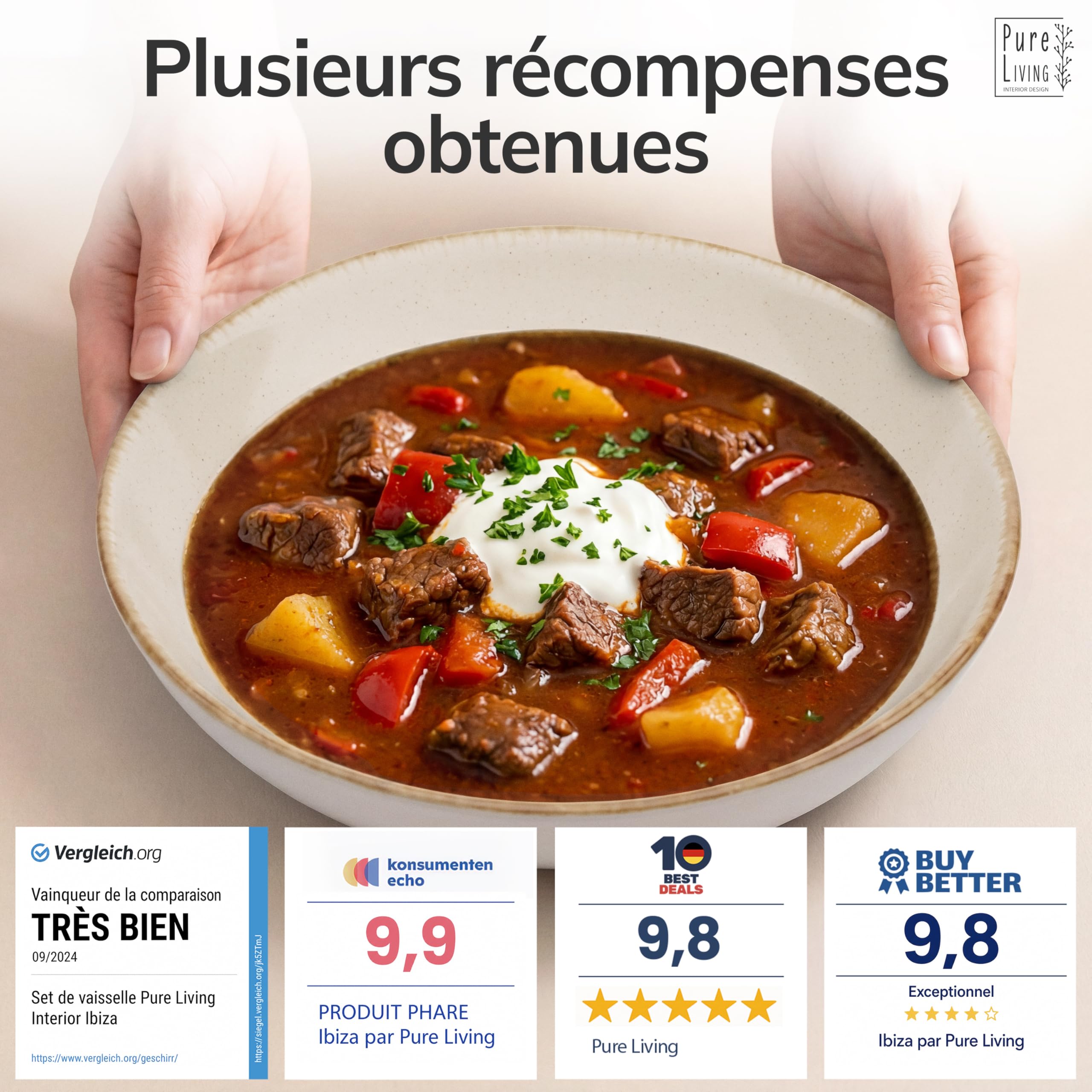 Ensemble de 6 Assiettes Creuses Rustiques en Steingut Premium - Lavables au Lave-Vaisselle - Ensemble Élégant de 6 Assiettes Profondes pour 6 Personnes, Salades, Pâtes - Pure Living en beige