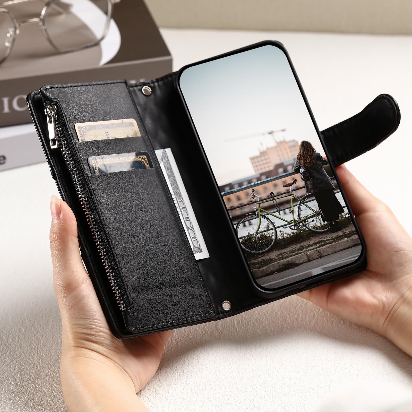 Custodia Portafoglio In Pelle PU A Righe Per Motorola Moto G7 - Cover Con Chiusura Magnetica, Slot Per Carte E Supporto - Nero - 3