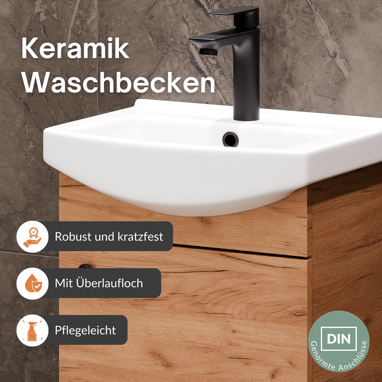 Planetmöbel Badmöbel Set Waschtisch mit Unterschrank 45 x 60 x 33 cm, Spiegel mit Beleuchtung 50 x 90 cm für Badezimmer, Gäste WC & Bad, Gold Eiche