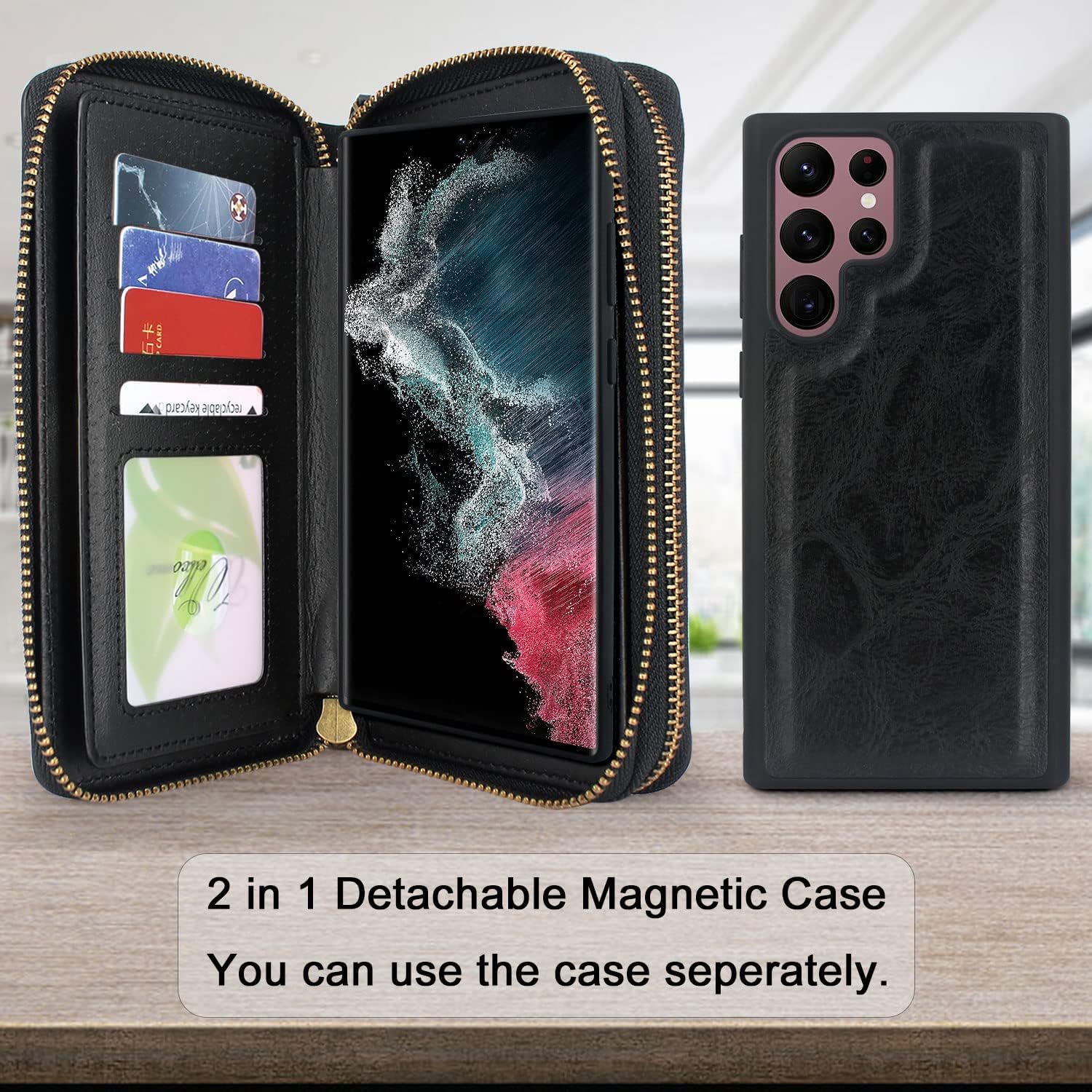 Harryshell Compatible with Samsung Galaxy S22 Ultra 5G 6.8 inch (2022) Case Wallet Multi Zipper Detachable Magnetic Cover Purse Bag with Card Slots Holder Mirror Crossbody Wrist Strap (Black)