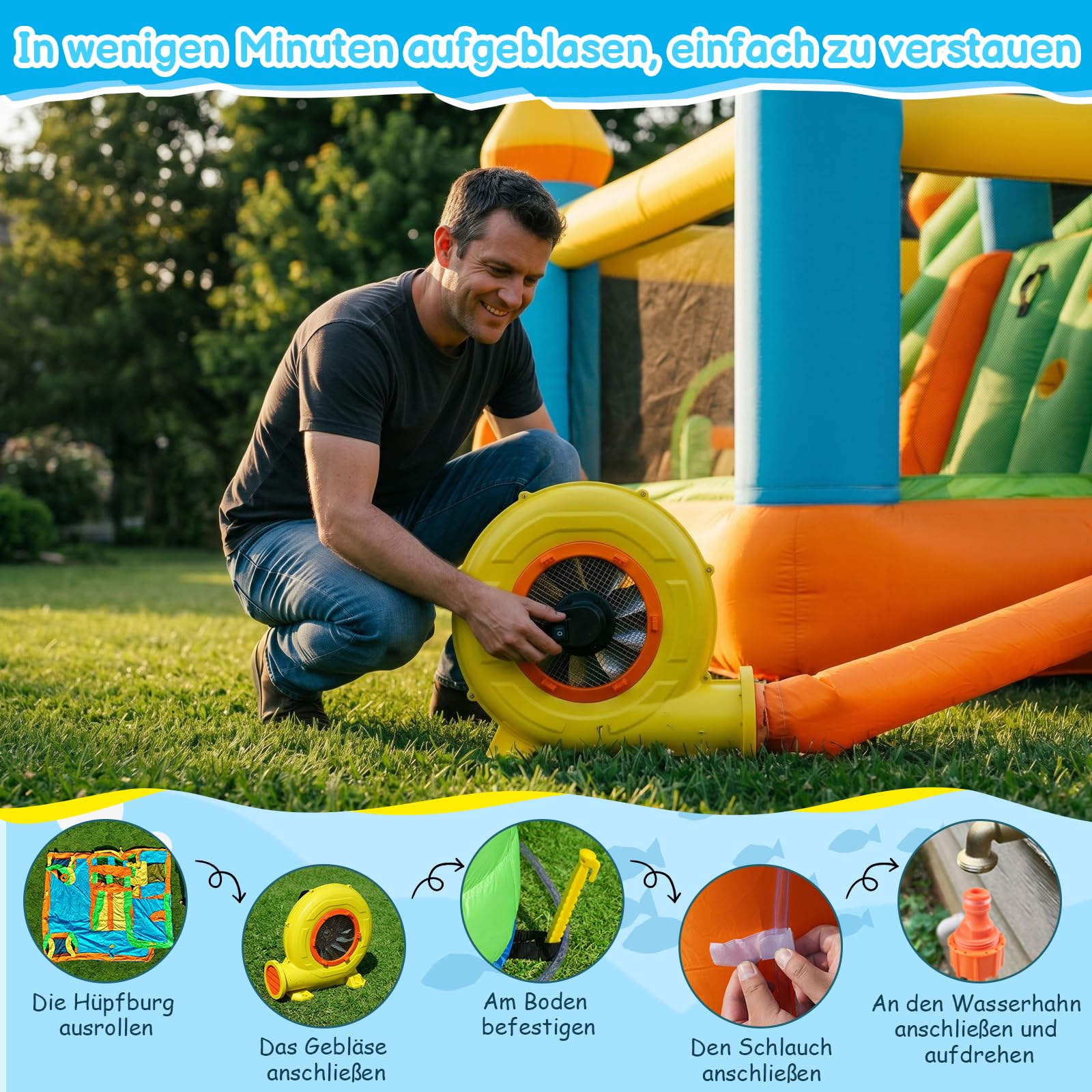 FOOING Gran tobogán acuático inflable con 2 toboganes y piscina infantil para niños, castillo hinchable con dos pistas para fiestas en el jardín y en el patio, diversión de verano al aire libre