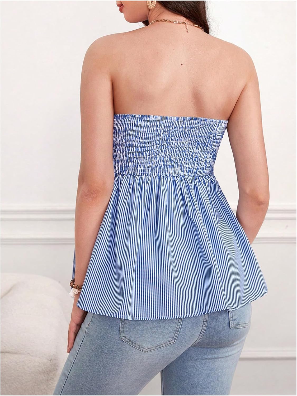 MakeMeChic Women's Maternity Tube Top Striped Strapless Ruffle Trim Summer Pregnancy Bandeau Shirt - Image 3