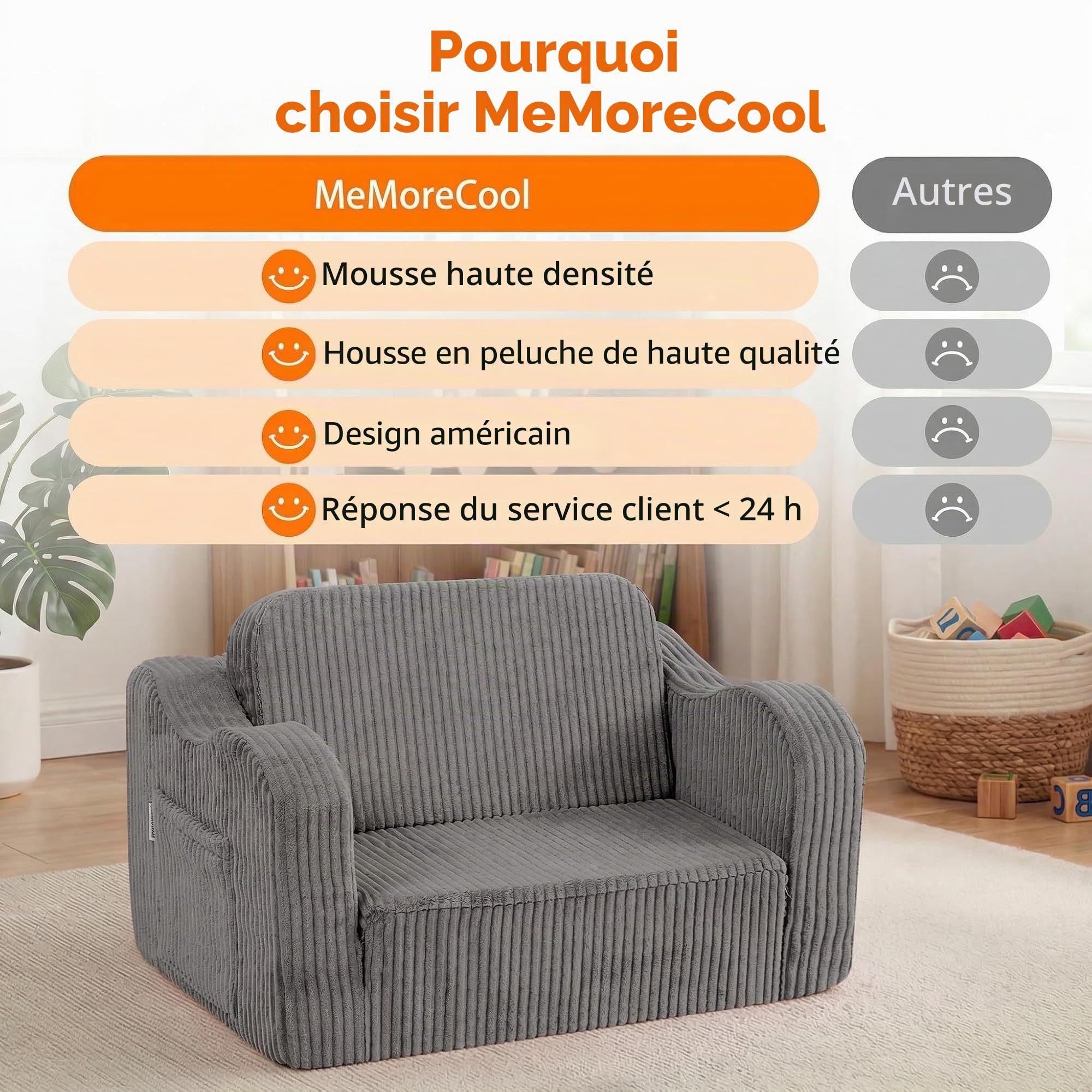 MeMoreCool Canapé en Velours Côtelé pour Enfants, Chaise-Lit Pliante pour Tout-Petits, Fauteuil Canapé Pliable pour Enfants pour Salle de Jeux, Fauteuil Inclinable Convertible Confortable pour Bébé
