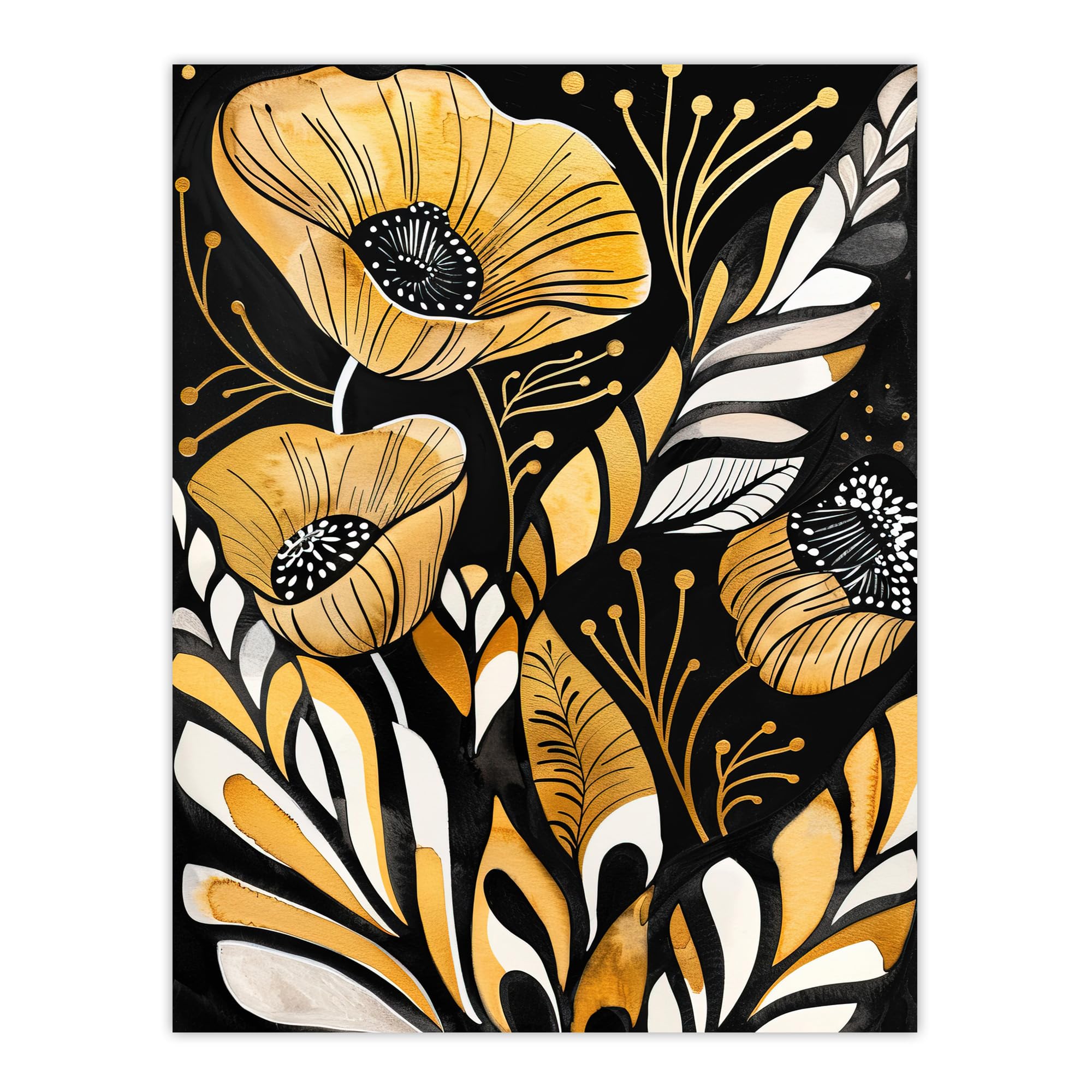 Artery8 Abstract Poppies Gold Black Floral Watercolour Living Room Large Wall Art Poster Print Thick Paper 18X24 Inch