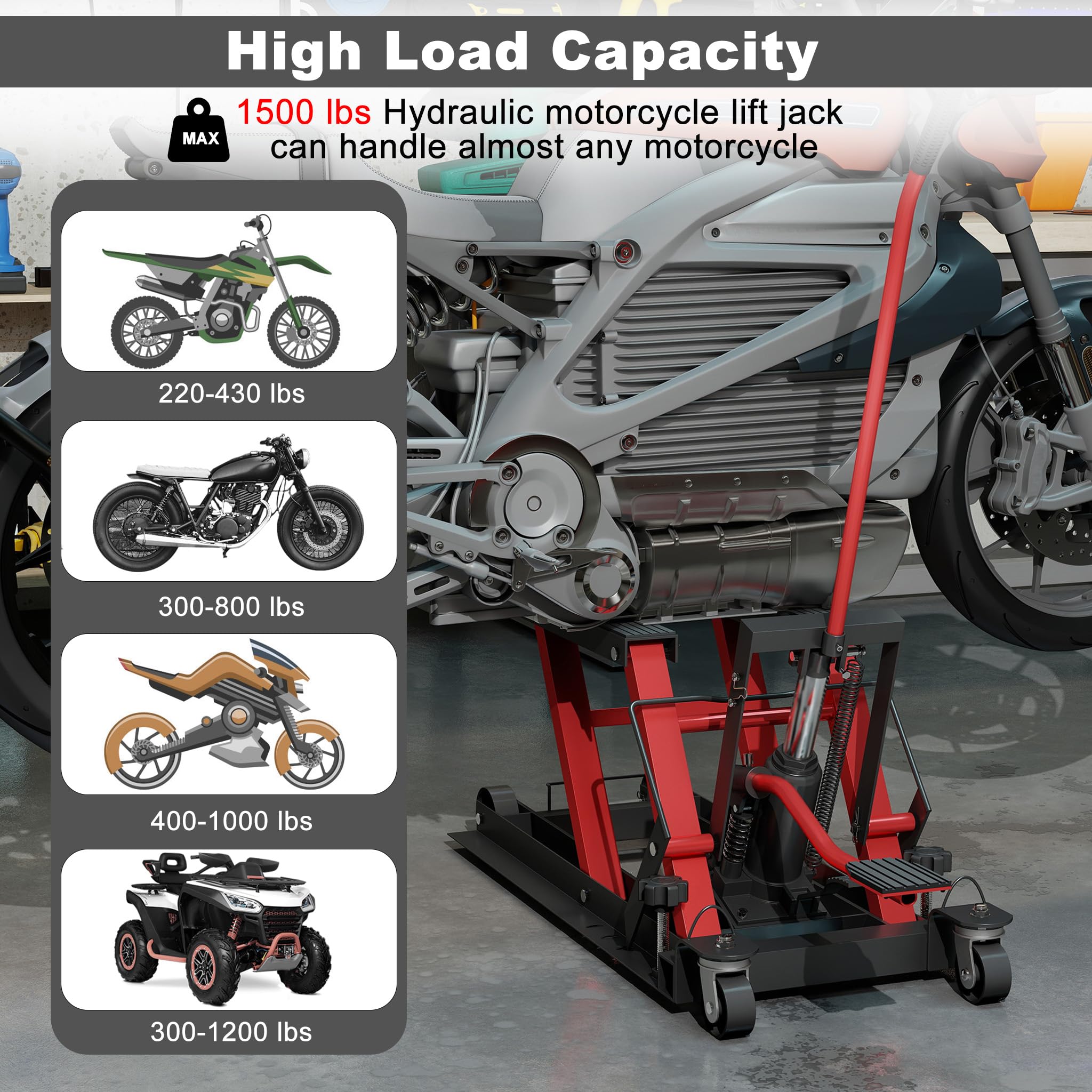 ACXIN Hydrauliczny podnośnik motocyklowy, platforma do podnoszenia ciężaru do 680 kg, z regulacją wysokości, stojak montażowy do konserwacji motocykli, quadów, garażu i obszarów zewnętrznych