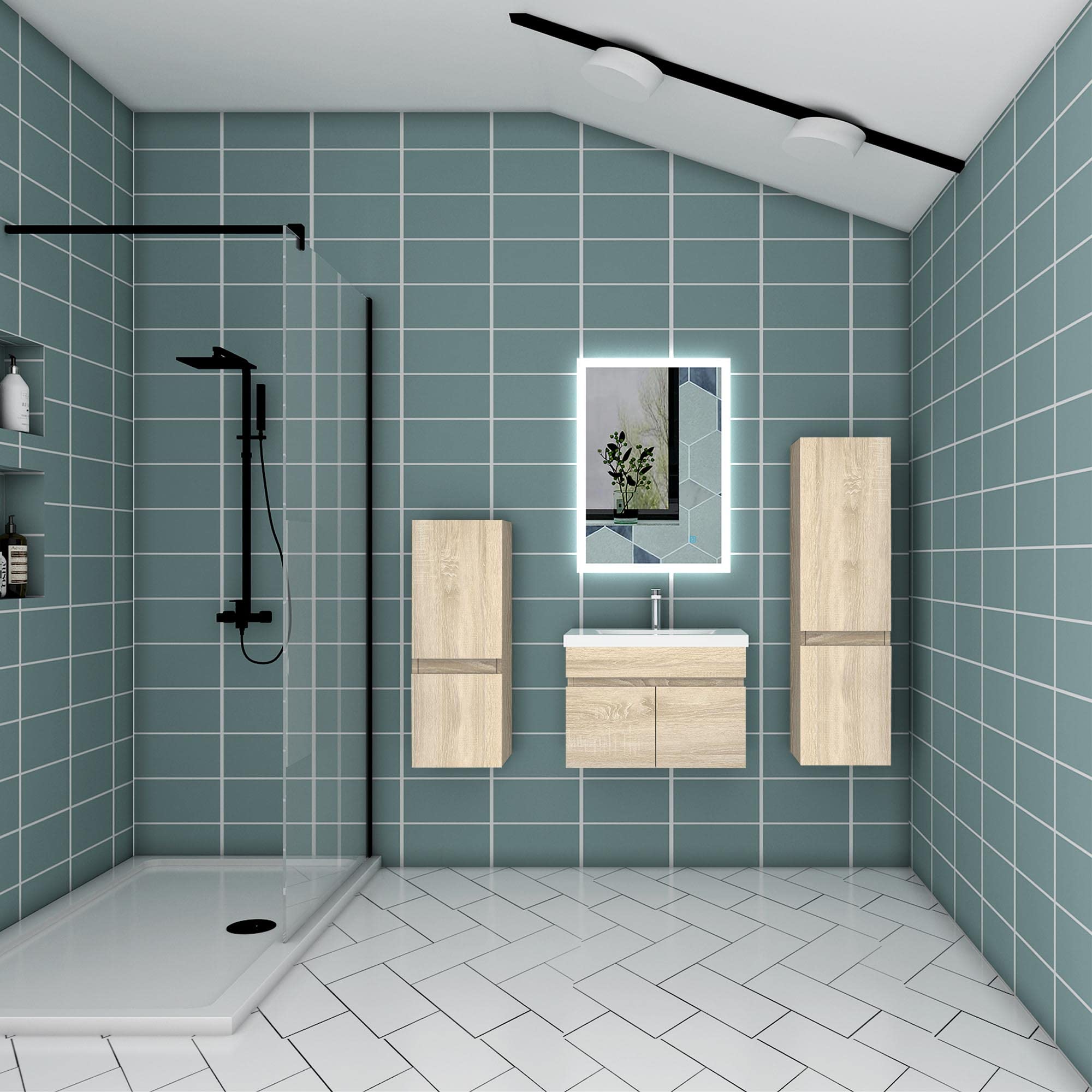 Badezimmer Badmöbel 60 cm Waschtisch mit Unterschrank Hängeschrank Eiche