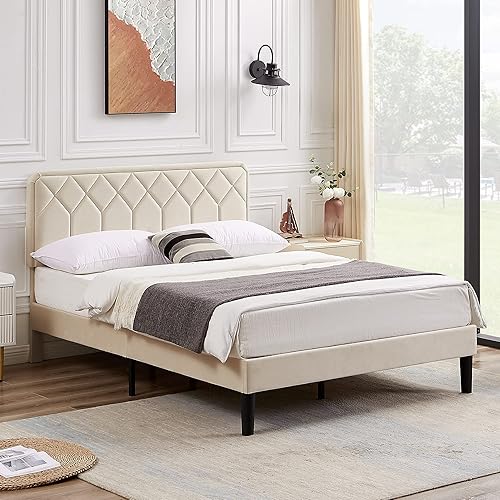 Miniatura 10 de VECELO Base de cama tamaño Queen con plataforma tapizada de terciopelo de alta calidad con cabecera ajustable en altura  base de colchón, soporte de
