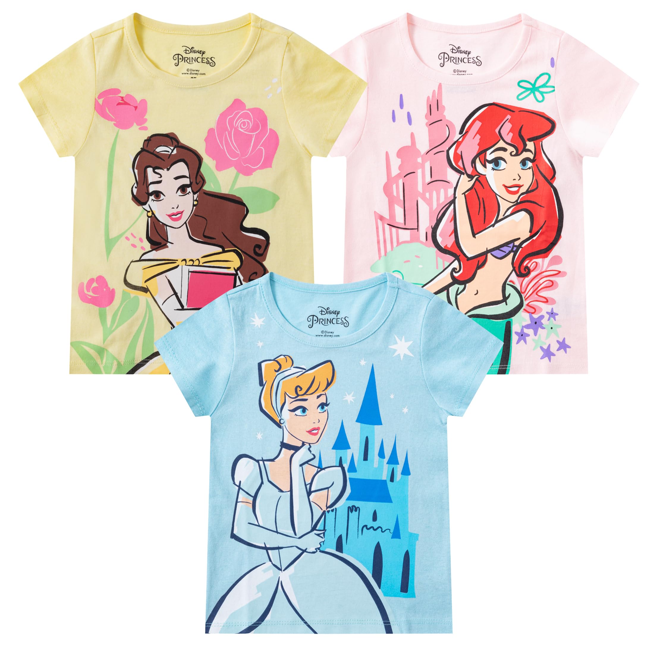 Disney Princesa Ariel, Cenicienta, Belle, Camiseta de manga corta para niñas pequeñas y grandes