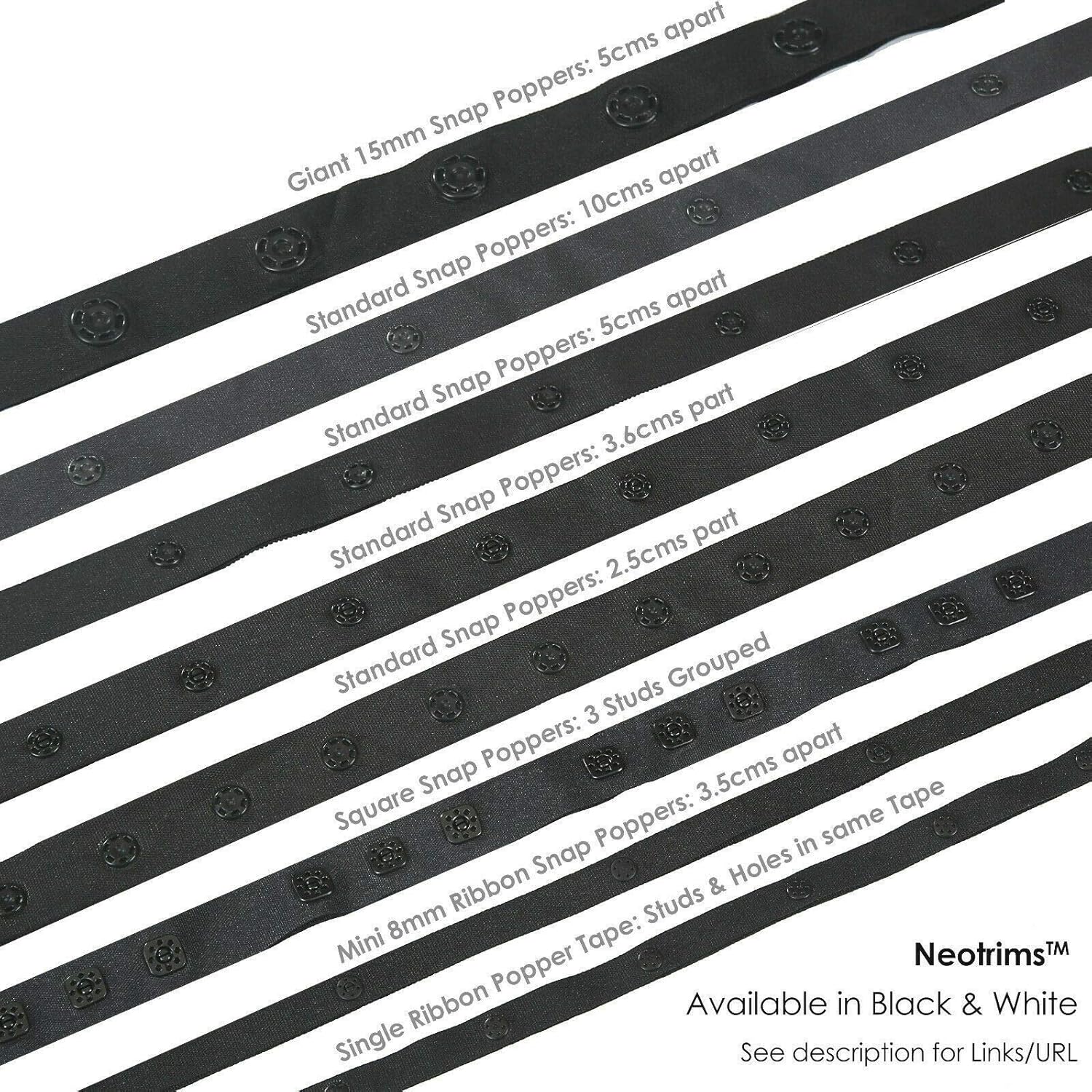 Snap Popper Tape Fasten Ribbon,Press Stud Fastening Trim,Gap Spacing 3.6cm Apart, Duvets,Curtains,Baby Apparel.Washable High Strength Resin Snaps,Dont Rust! Neotrims UK. White, 25 Yards