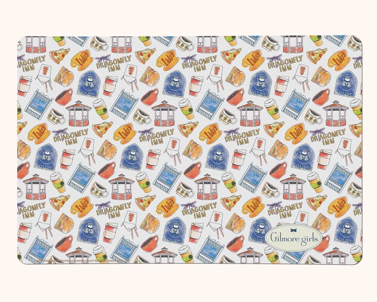 Gilmore Girls – Stars Hollow Essentials – 18” x 12” Rubber Backed Non-Slip Mouse Pad – Desk Mat for Gaming, Office Spaces, Etc. – Dragonfly Inn, Luke’s Diner & Stars Hollow Icons Pattern PLM1610045
