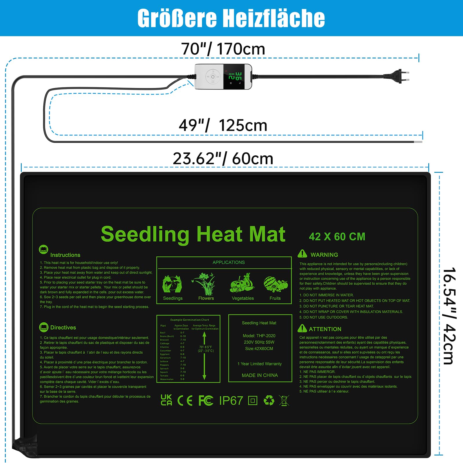 WADEO Heizmatte für Pflanzen groß, 55 w Sämlinge Heizmatte Wärmematte mit Thermostat 5°C bis 45°C, Gewächshaus Wärmematte Wasserdicht mit Timerfunktion, für Setzlingskeimung Sämling Germination
