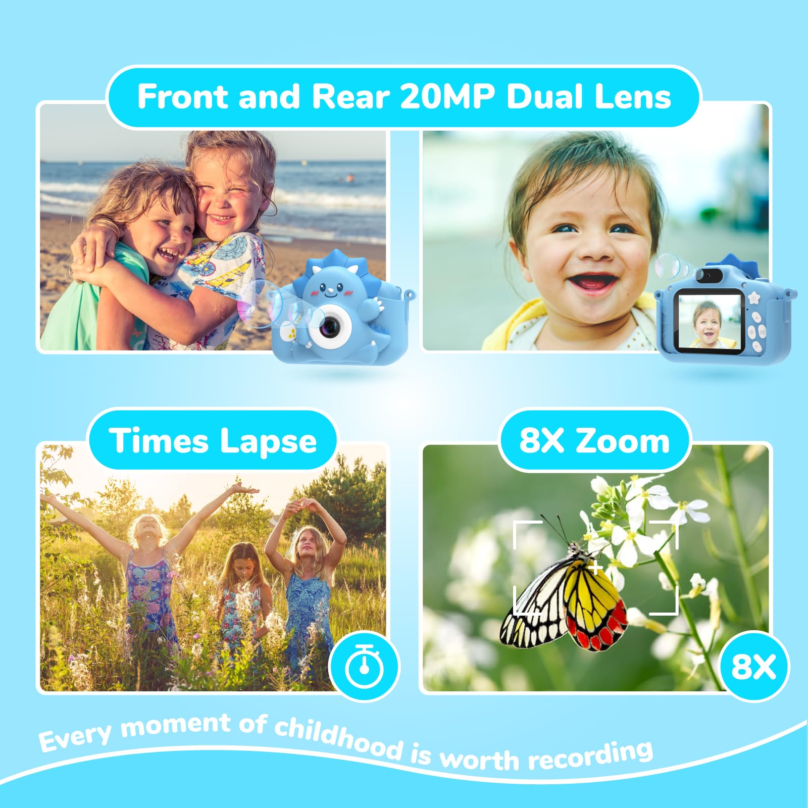HiMont Macchina Fotografica Bambini, 1080P Fotocamera Digitale Bambini con Scheda 32G & Schermo da 2,0", Selfie Videocamera Bambini, Regalo per Compleanno, Natale, Giocattolo per Bambini da 3-12 Anni