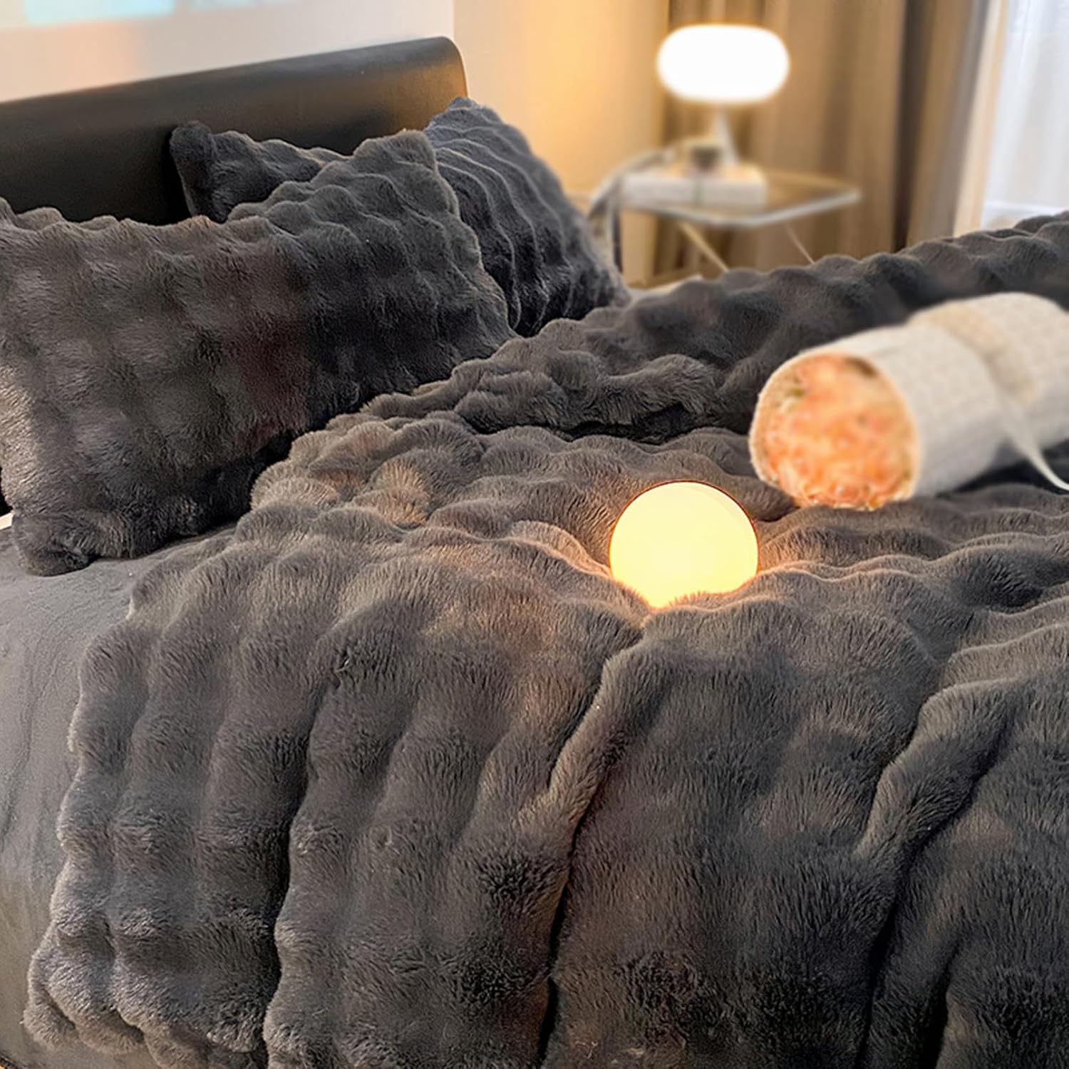 AETVRNI 6 Lbs Faux Rabbit Fur Black Comforter Set Queen Size 3 Pieces,1 x No Filling Comforter + 2 x Pillowcases,Soft Warm Bedding Set for Spring Summer Autumn Winter,Black,Queen