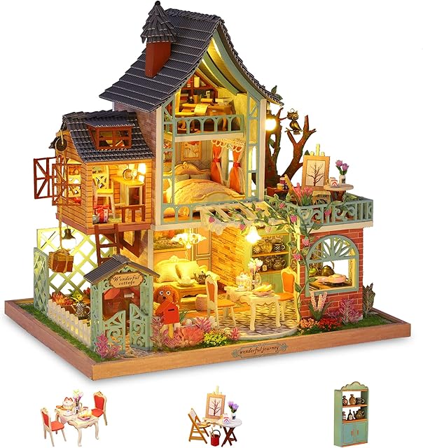 Cuteefun DIY Miniature Dolls House Kit for Adults to Build DIY Mini House Kit with Furniture Music DIY Miniature House Kit with Tools Make Your Own Craft House Model Father's Day(Happy Jungle Resort)
