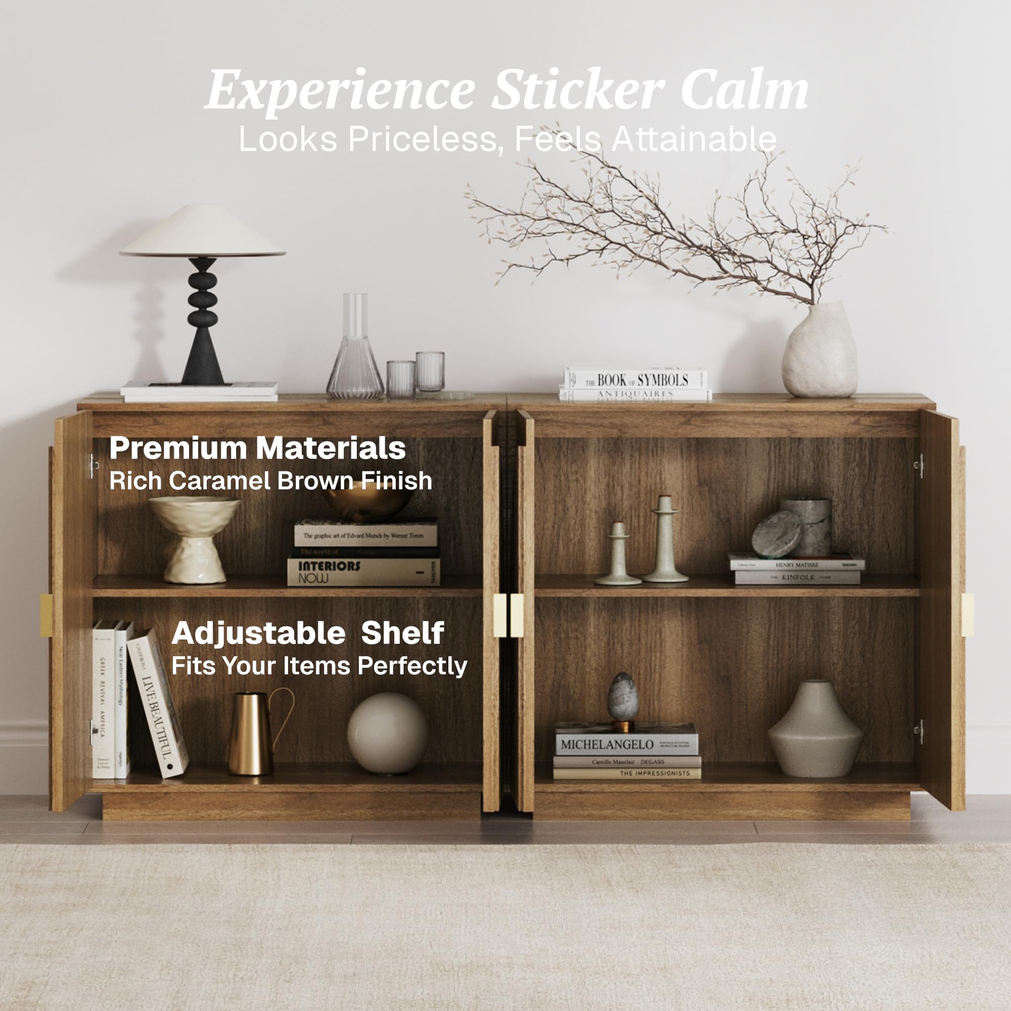 BELLEZE Set of 3 Modular Fluted Sideboard Buffet Cabinet with Storage, Mid-Century Modern Console Table with Symmetrical Arched Doors, Credenza for Dining Room, Kitchen and Living Room, Caramel Brown — view 4