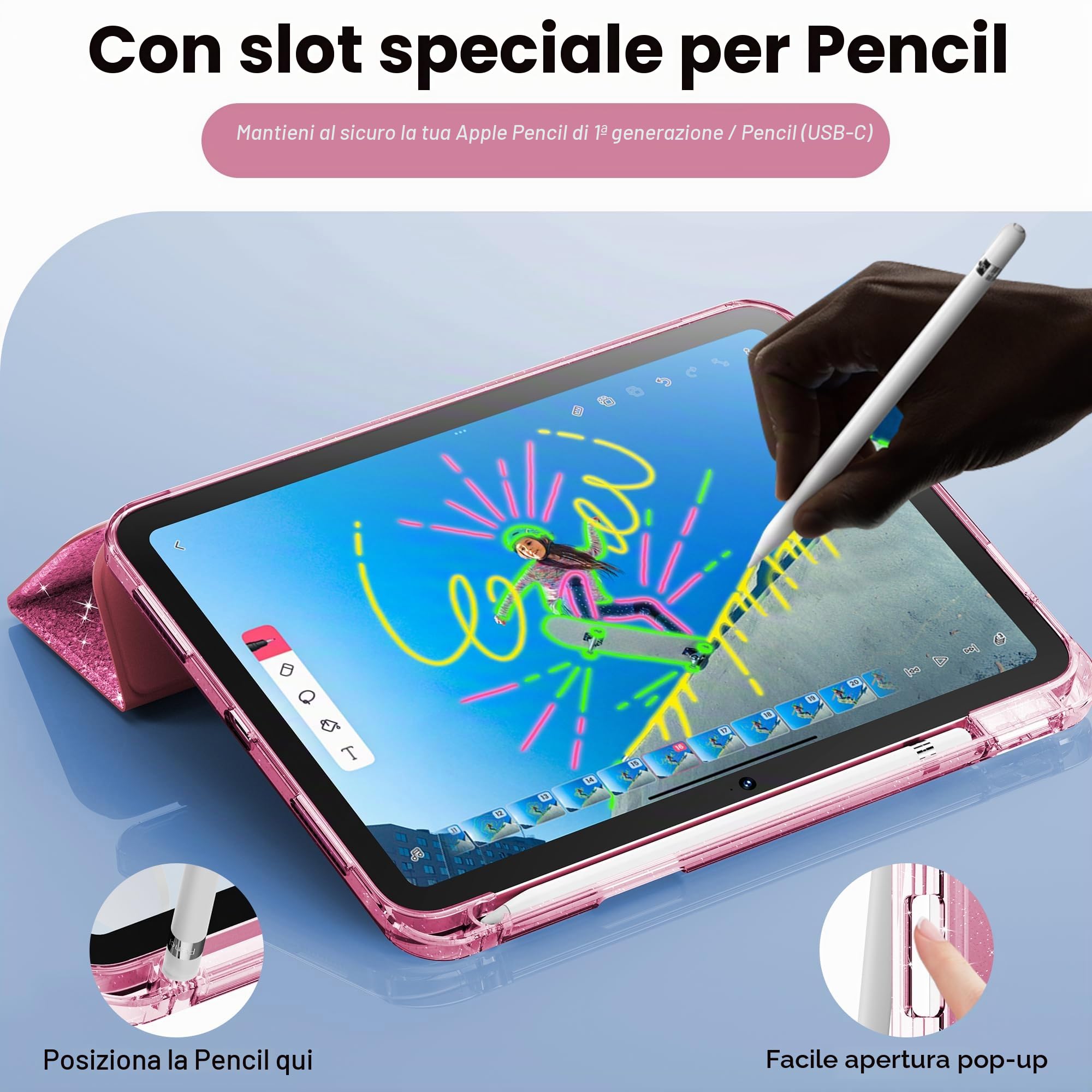 INFILAND Custodia iPad 11 Generazione A16 11 Pollici 2025, iPad 10 Generazione 10,9 Pollici 2022, Glitterata Retro Trasparente Brillante Portapenne Rosa