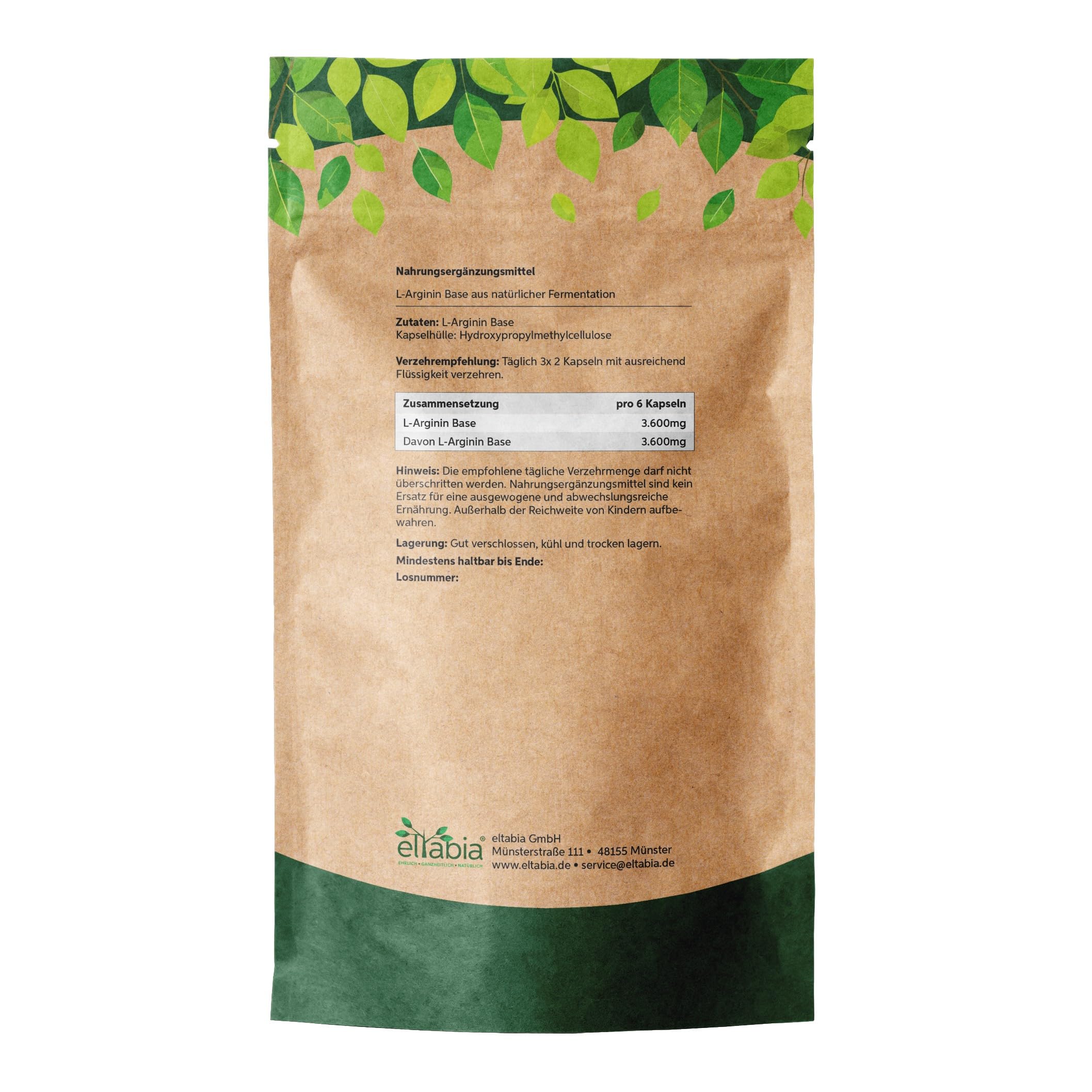 L-Arginin Base Kapseln 1000 Stück | hochdosiert 3600mg | reine Aminosäure Vegan | Premiumqualität ohne Zusätze