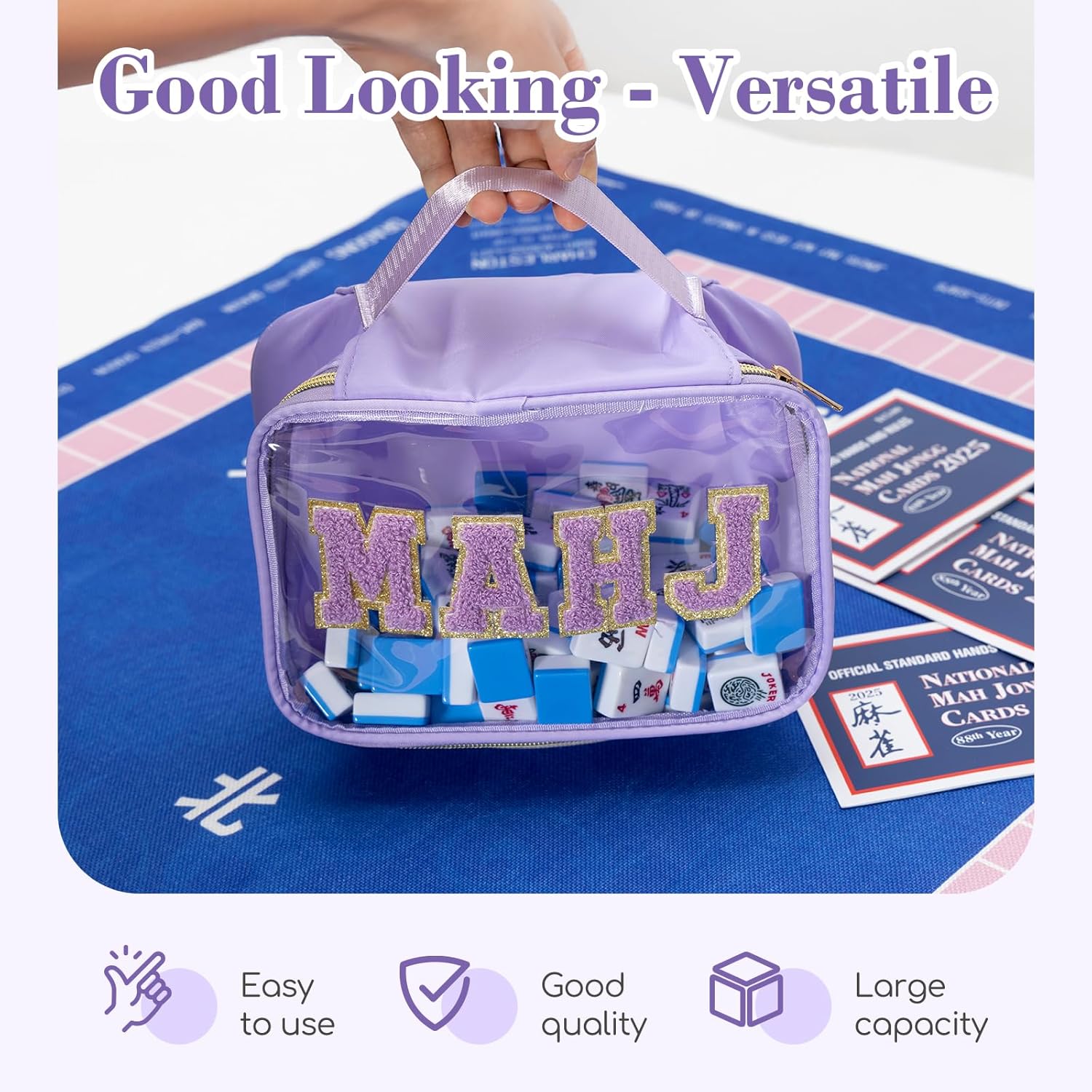 Empty American Mahjong Tile Storage Bag, Clear PVC Mahjong Travel Case with Handle and Zipper, Fits 166 Tiles, Case Only, Includes 4 Instruction Sheets (Purple)