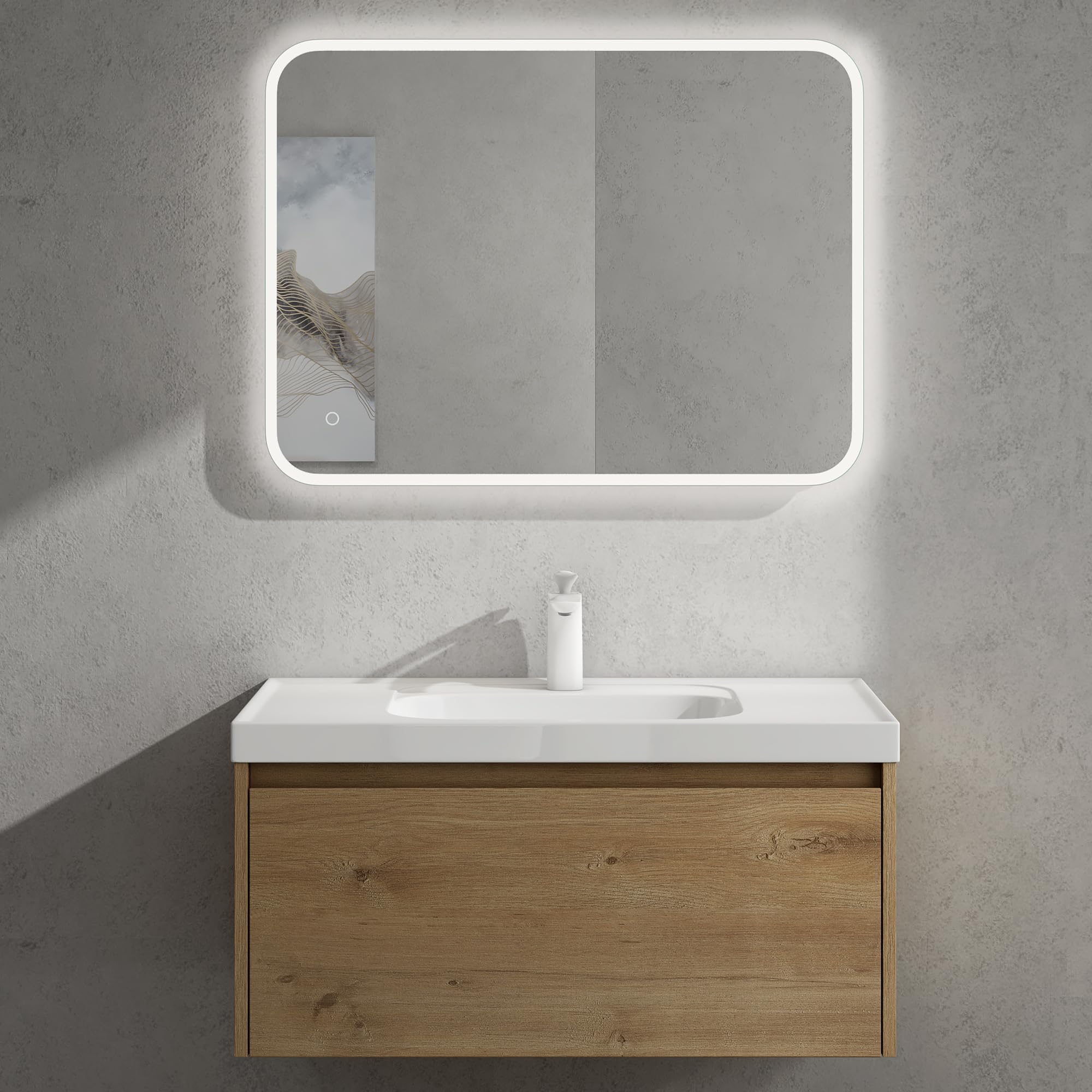 doporro Meuble de Salle de Bains Marron Clair Ensemble de 2 Pièces Meuble Suspendu avec Lavabo 80cm avec Soft-close Design Salerno